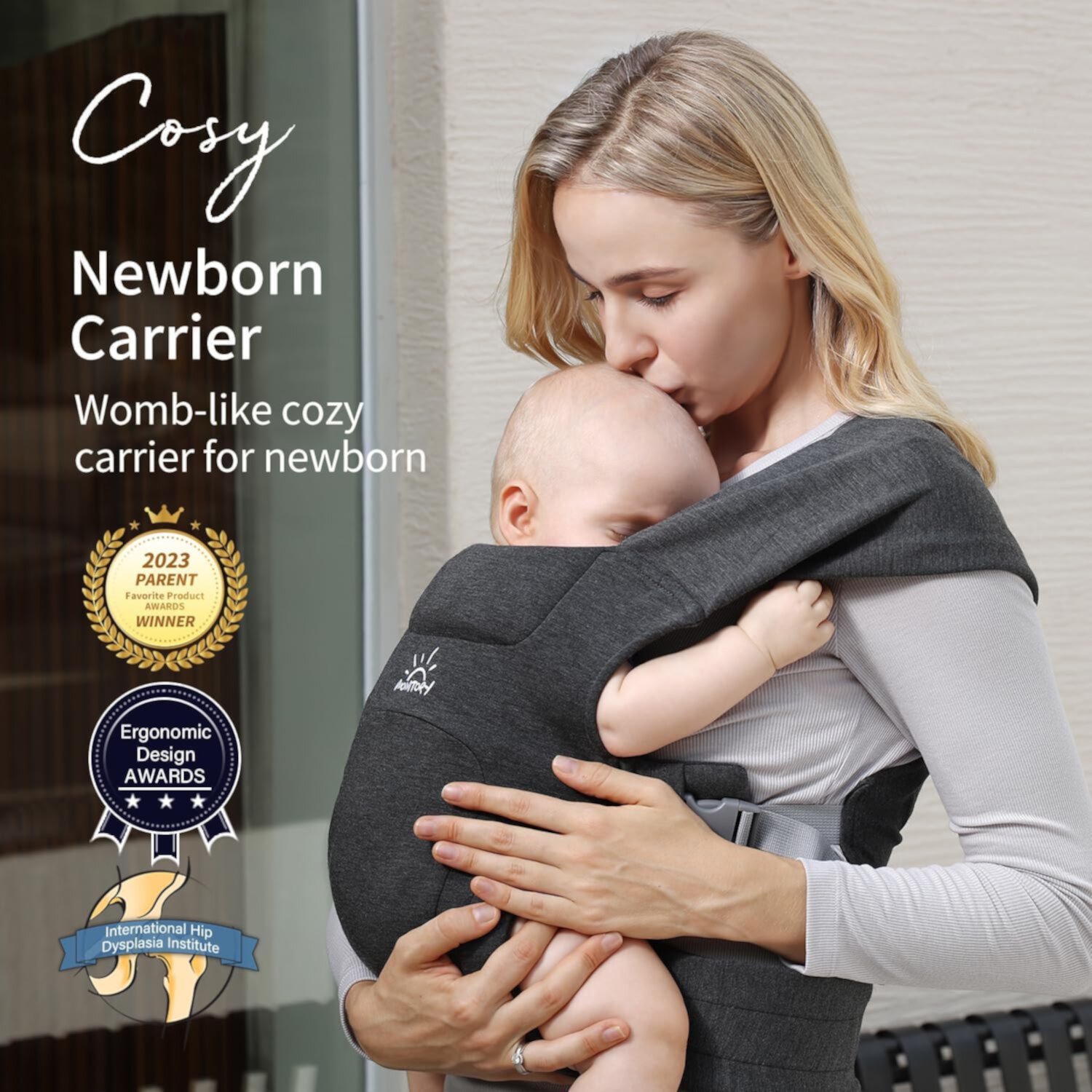 MOMTORY Newborn Carrier, Baby Carrier, Cozy Baby Wrap Carrier(7-25lbs), with Hook&Loop for Easily Adjustable, Soft Fabric, Deep Grey MOMTORY