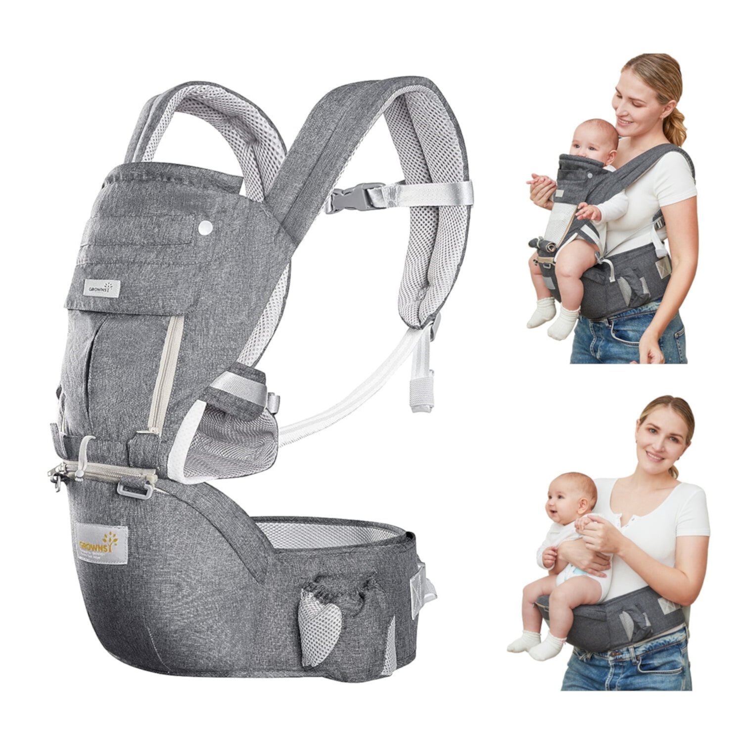 6 in 1 Baby Carrier, Ergonomic Infant Wraps, Backpack Style Hip Seat Carrier for 7-66 lbs Newborn to Toddler - Grey GROWNSY