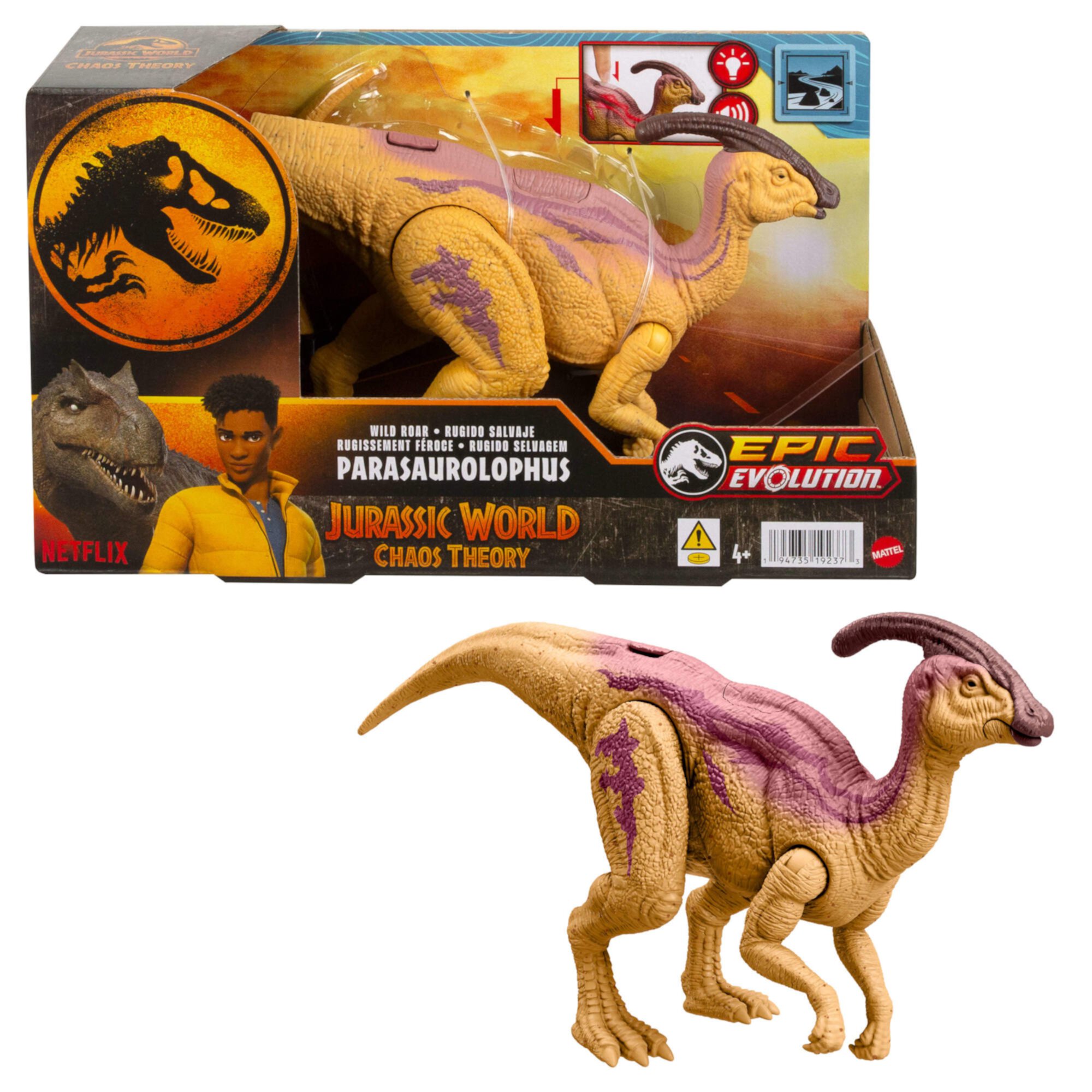 Jurassic World Wild Roar Parasaurolophus Dinosaur Action Figure Toy, Glow Effect Lights & Sounds Jurassic World