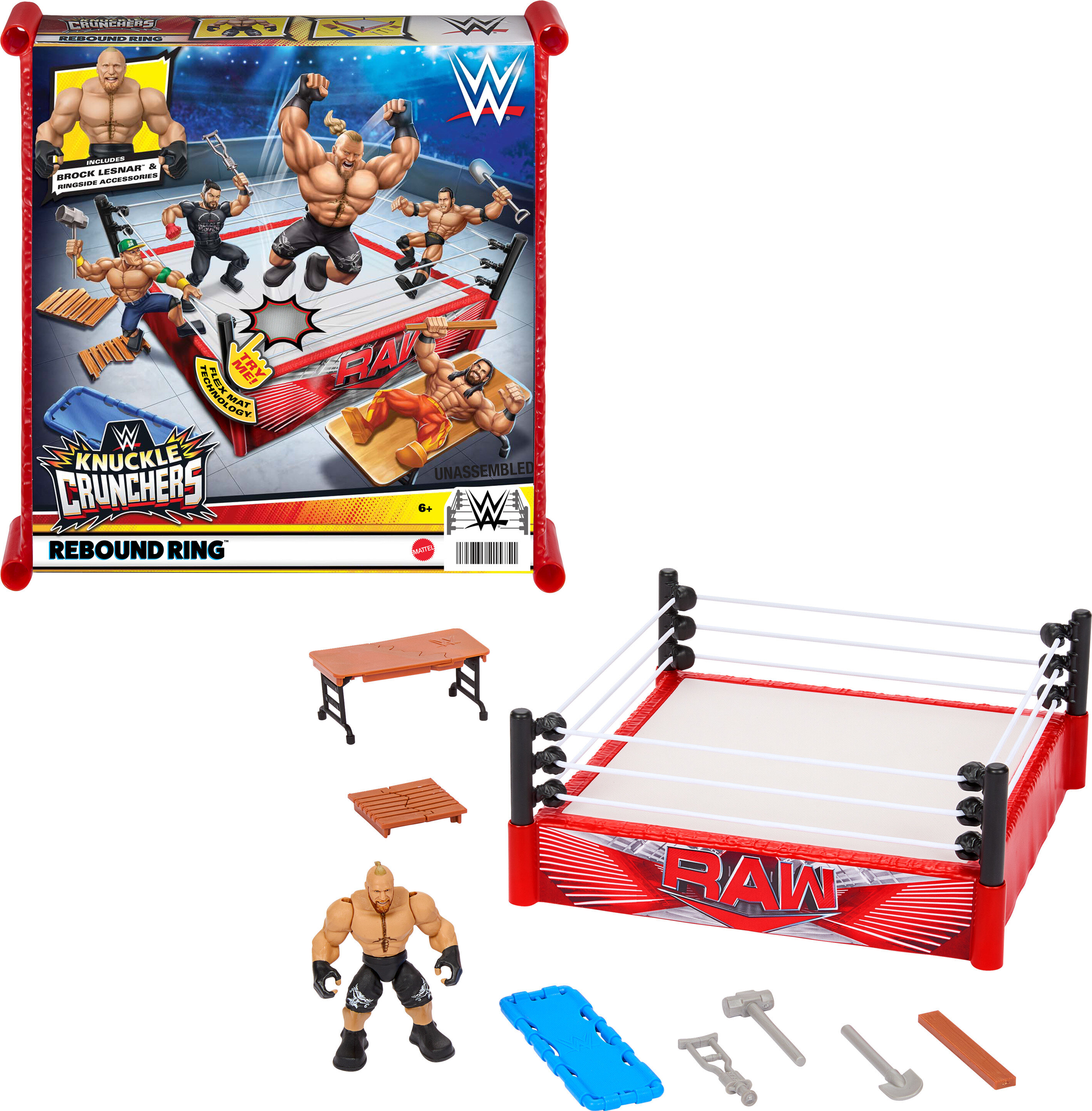 WWE Action Figure Playset Knuckle Crunchers Rebound Ring with Accessories and Flex Mat Technology WWE