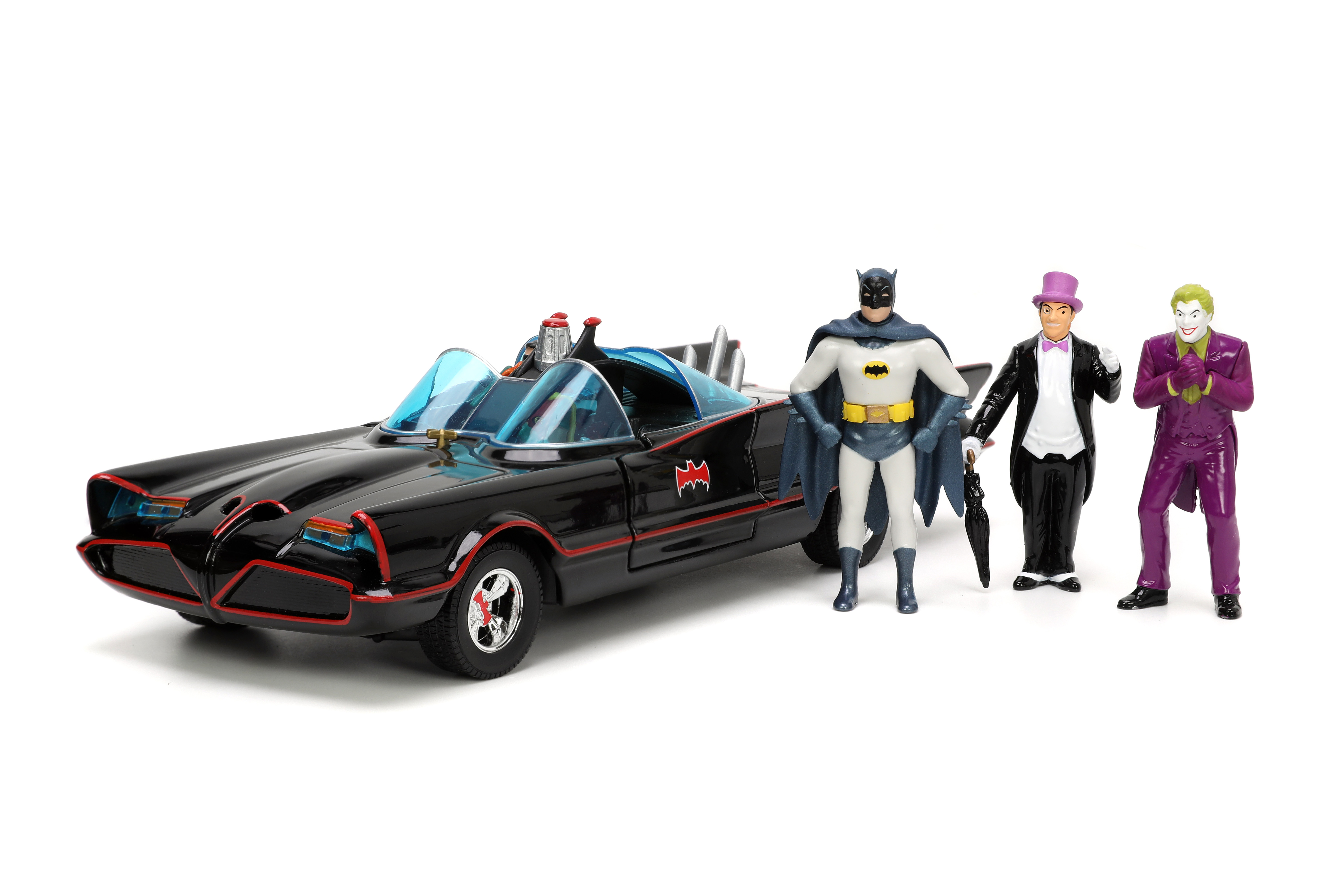 Batman 1:24 1966 Batmobile Die-Cast Car & 2.75" Batman, Robin, Penguin, & The Joker Figures JADA TOYS