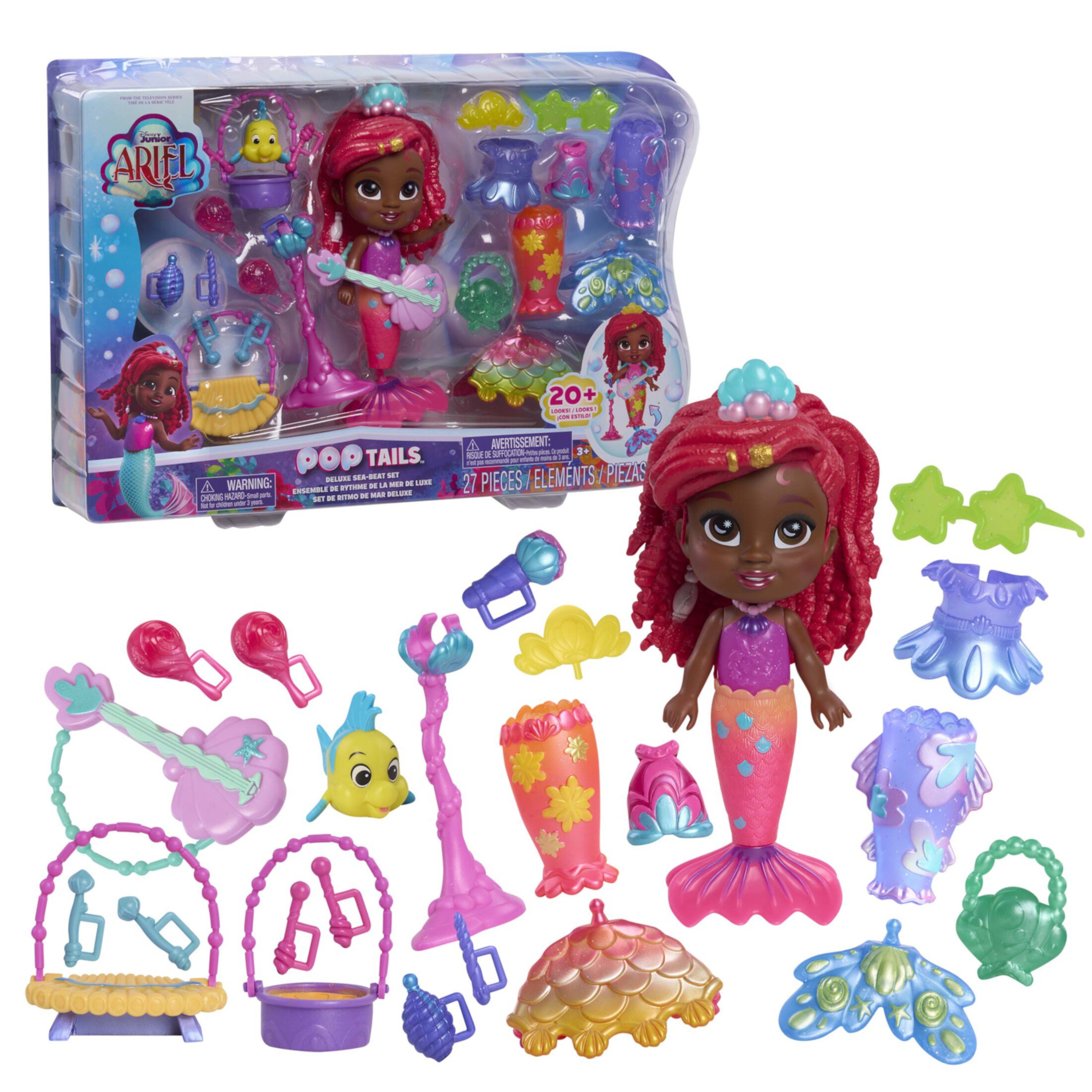 Disney Junior Ariel Pop Tails Deluxe Sea-Beat 7-inch Figure and Accessories Set, 27-pieces Baby and Toddler Toys The Little Mermaid