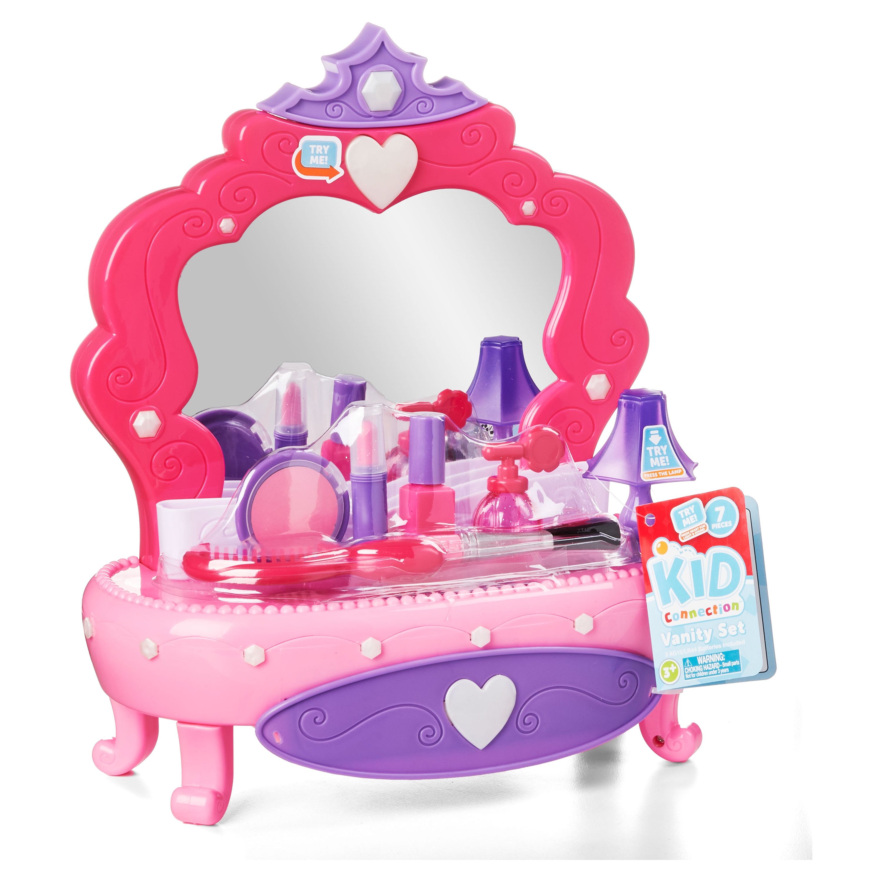 Kid Connection Light-Up Vanity Set with Storage Drawer, 7 Pieces, Baby and Toddler Toy Kid Connection