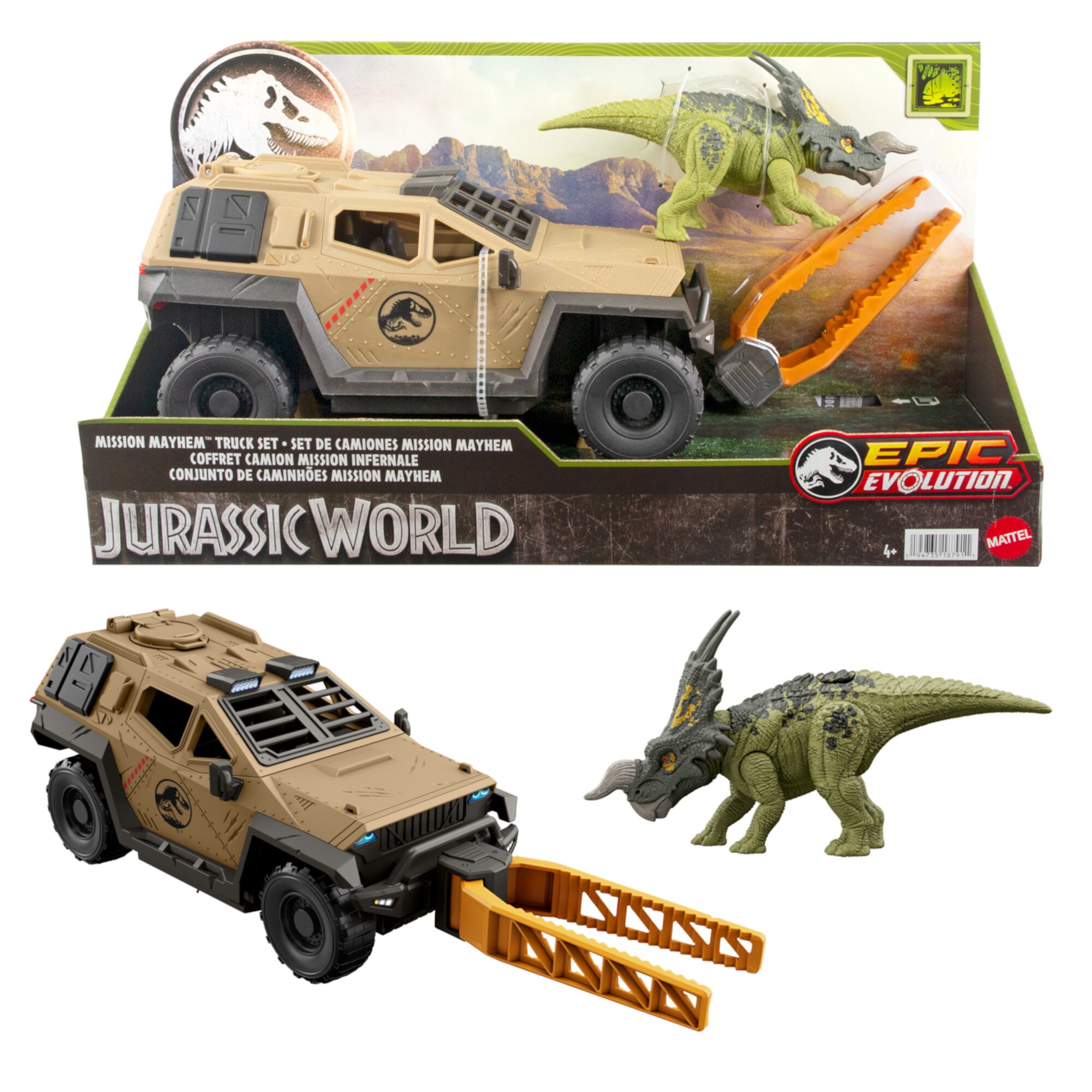 Jurassic World Mission Mayhem Truck & Dinosaur Action Figure Toy Set with Flipping Feature Jurassic World