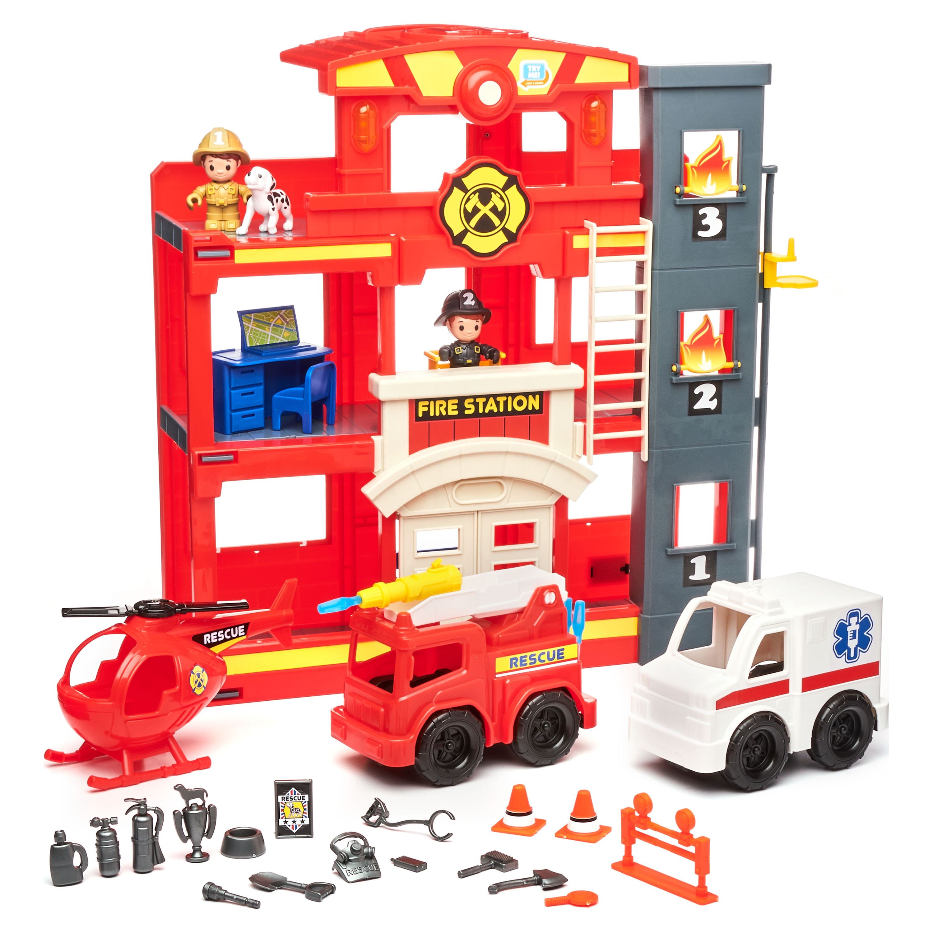 Kid Connection Fire Station Emergency Vehicle Playset with Light & Sound. 31 Pieces, Toddler Toys, Age 3+ Kid Connection