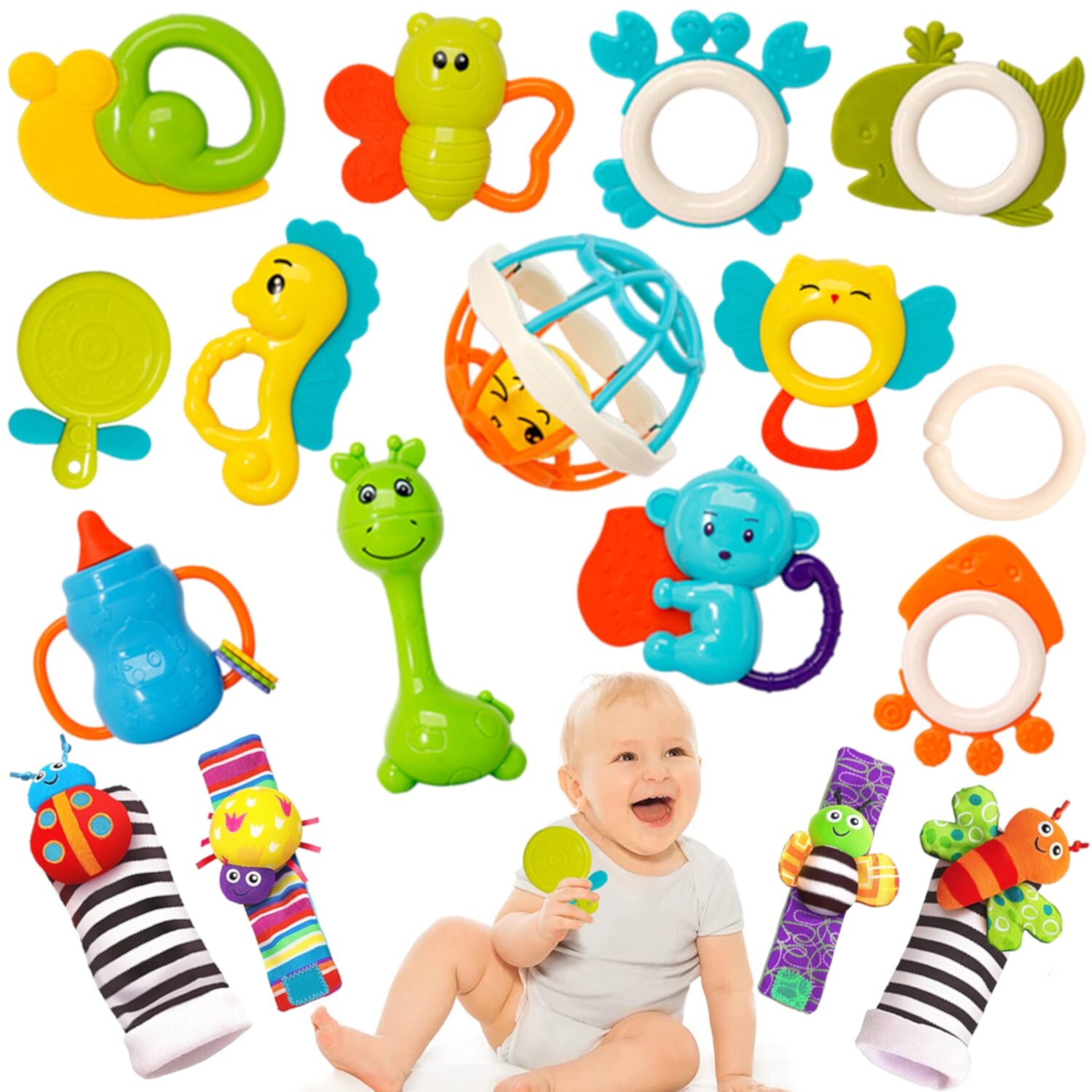 Juego de 17 Juguetes de Sonajeros para Bebés, Juguetes para Bebés de 0 a 6 Meses, Juguetes Sensoriales para la Dentición para Bebés de 0 a 3 a 6 a 12 a 18 Meses, Juguete de Aprendizaje de Desarrollo Temprano, Juguete para Recién Nacidos, Regalos de Cumpleaños para Bebés y Niñas Sytle-Carry