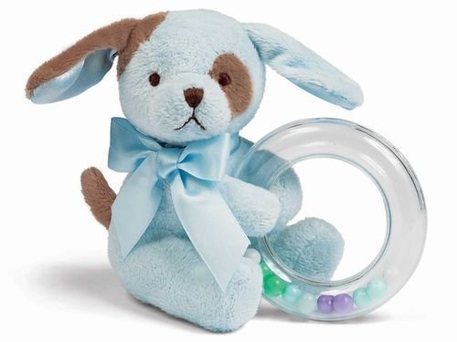 Bearington Baby Waggles Plush Stuffed Animal Blue Puppy Dog Shaker Toy Ring Rattle, 5" Bearington Collection