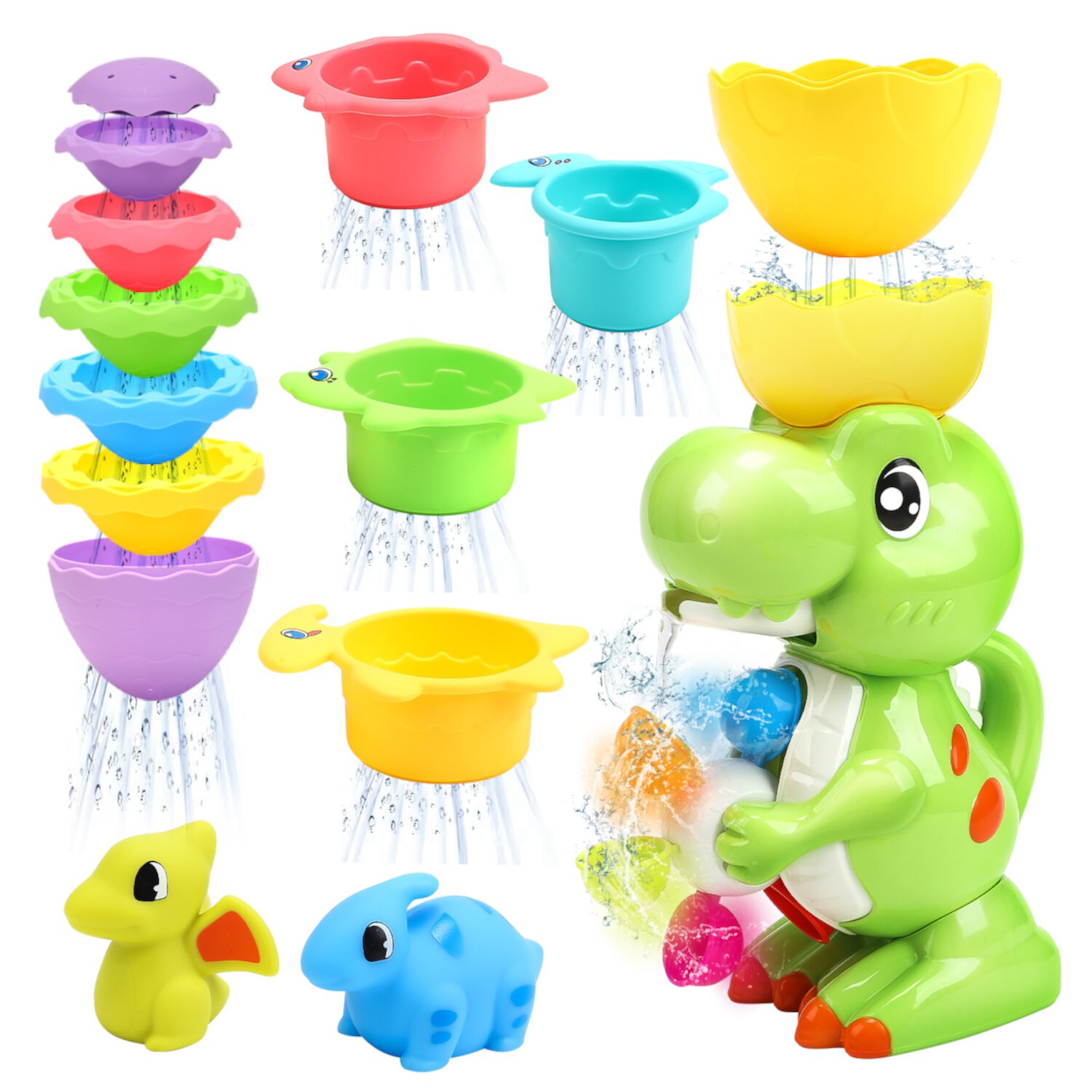 JoyStone 9 PCS Dinosaur Bath Toy with Colorful Spin Wheel Mini Dinosaur and Stacking Cup Watering Bottle Toy for Toddler Boys Girls, Green JoyStone