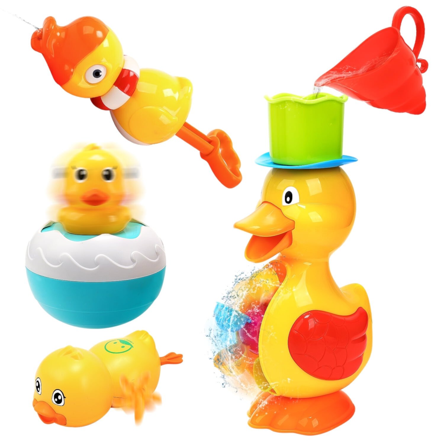 JoyStone 5 PCS Toddler Bath Toy Set, Duck Bath Toy with Colorful Spinner Wheel, Spinner Duck, Floating Bath Toy for Toddler Boys Girls, Yellow JoyStone