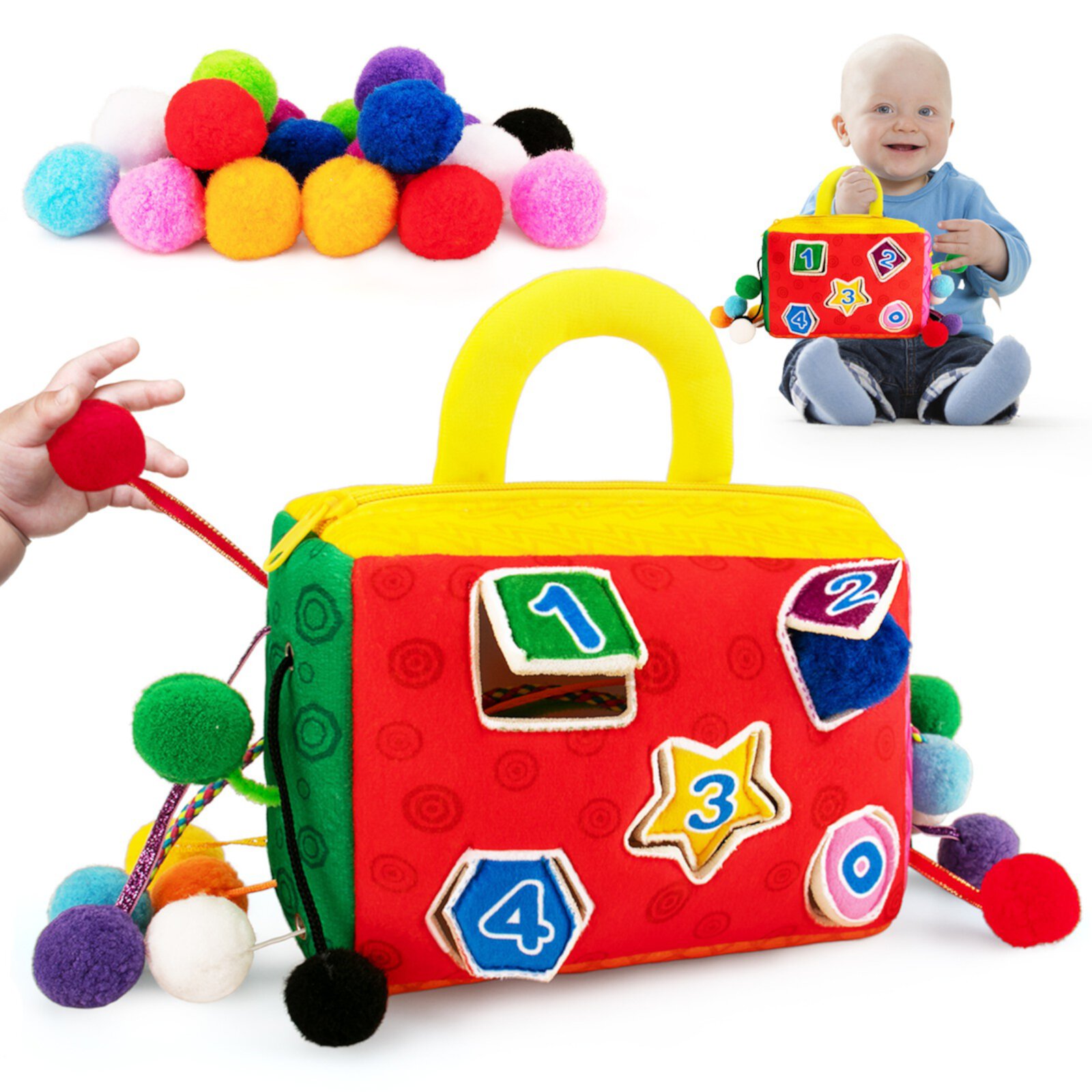 teytoy Montessori Toys for 1 2 Year Old Boy and Girl, Shape Sorter Toys for Babies Toddlers- 2-Sided Activity Bag, Pull String Baby Toys- Different Textures 8 Pull String, Numeric & 20 Cotton Ball Teytoy