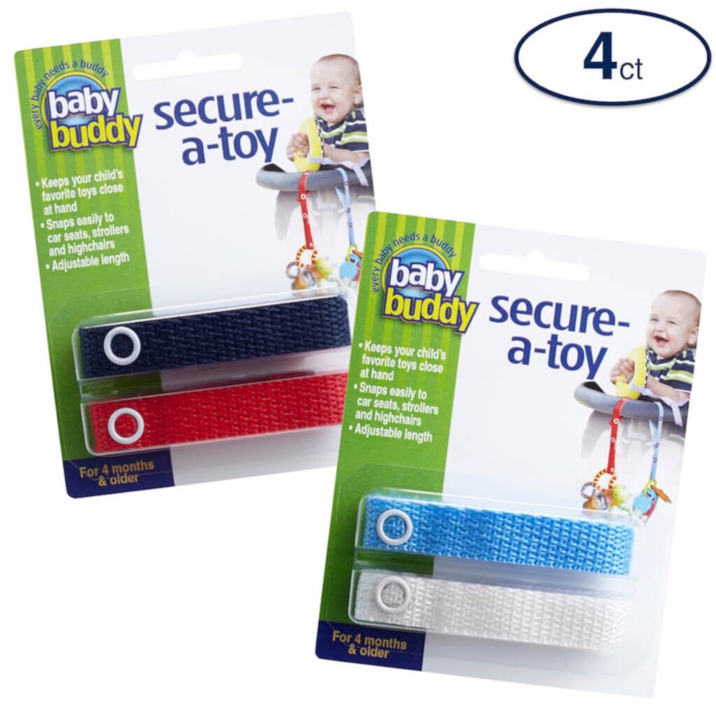 Baby Buddy Secure-A-Toy Secures Toys, Teether, or Pacifier to Stroller, Highchair, Car Seat, Navy-Royal-Blue-White 4pk Baby Buddy