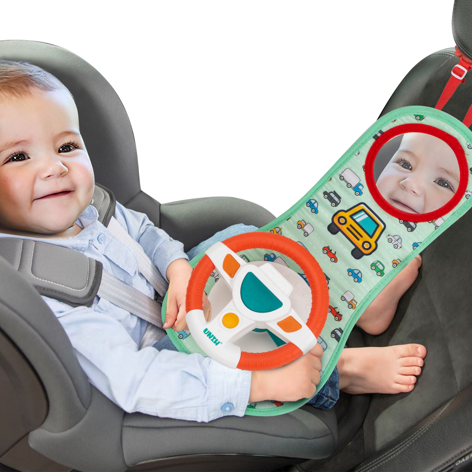 UNIH Travel Baby Toys for Rear Car Seat, Car Seat Toy With Steering Wheel, Mirror, Music Lights and Driving Sounds, Infants Carseat Toys for Babies 6 to 12 Months Boys Girls UNIH