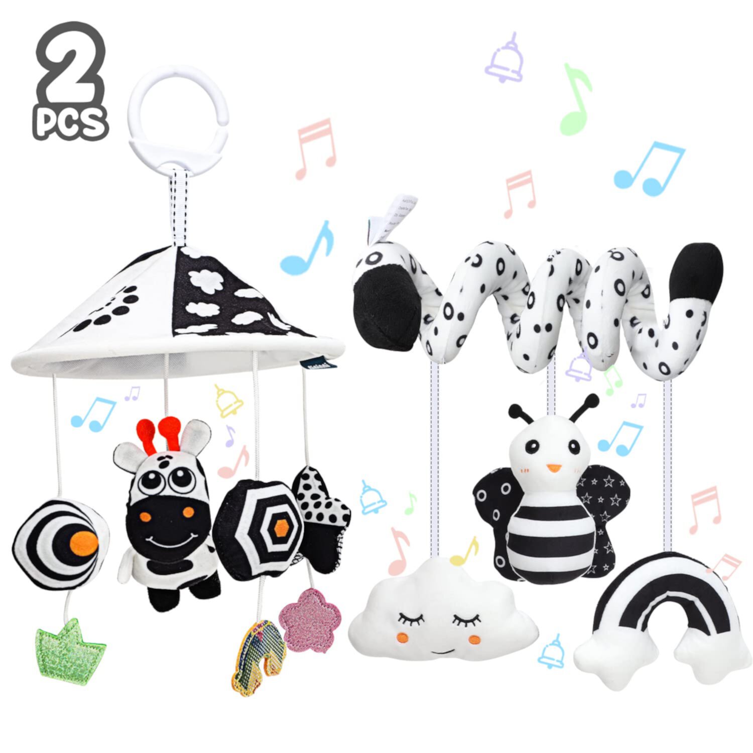 TOY Life 2 Pack Hanging Baby Toys 0-6 Months, Car Seat Toys for Babies 0-6 Months, Crib Toys Hanging Newborn Toys Black and White Hanging Stroller Activity Toy for Babies, Infant Carseat Toys TOY Life