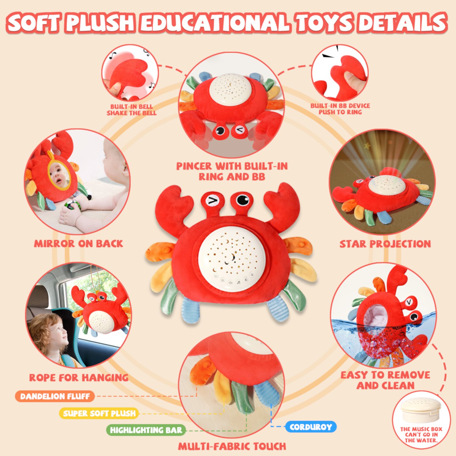 Baby Toys 0 6 Months, Crab Stuffed Animal Musical Toy, Infant Sensory Toys for 1 Year Old, Birthday Gift 0-3-6-12 Months Girls Boys Sytle-Carry