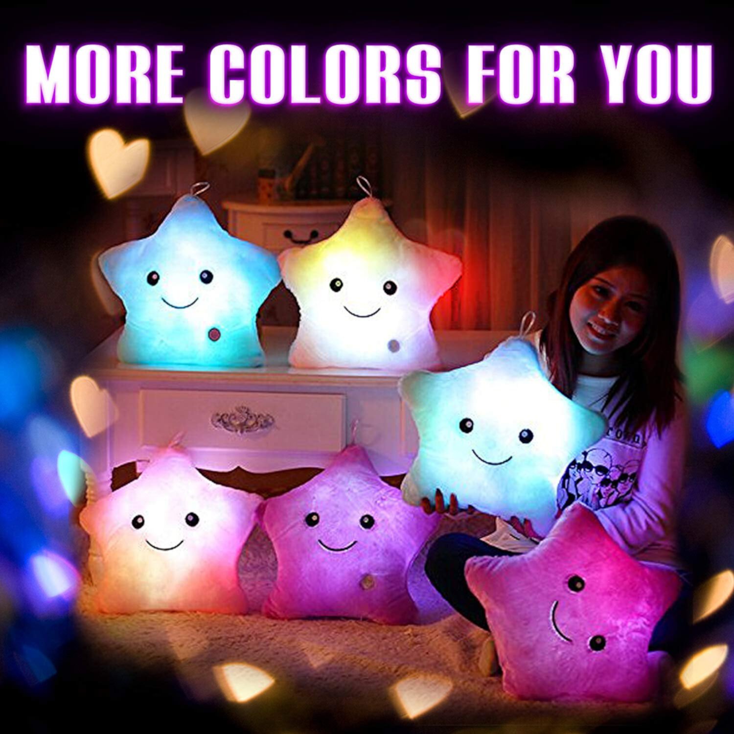 Creative Twinkle Glowing Stars Shape Plush Throw Pillow, LED Night Light Pillow Cushions Stuffed Toys Gifts for Kids, Christmas (Pink) Qishi