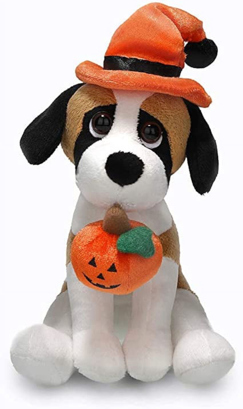 Plushland Halloween Pawpals 8 inches Puppy Dog Plush Stuffed Toy Comes with Hat and Halloween Jack O Lantern - Pumpkin for Kids on This Holiday Plushland