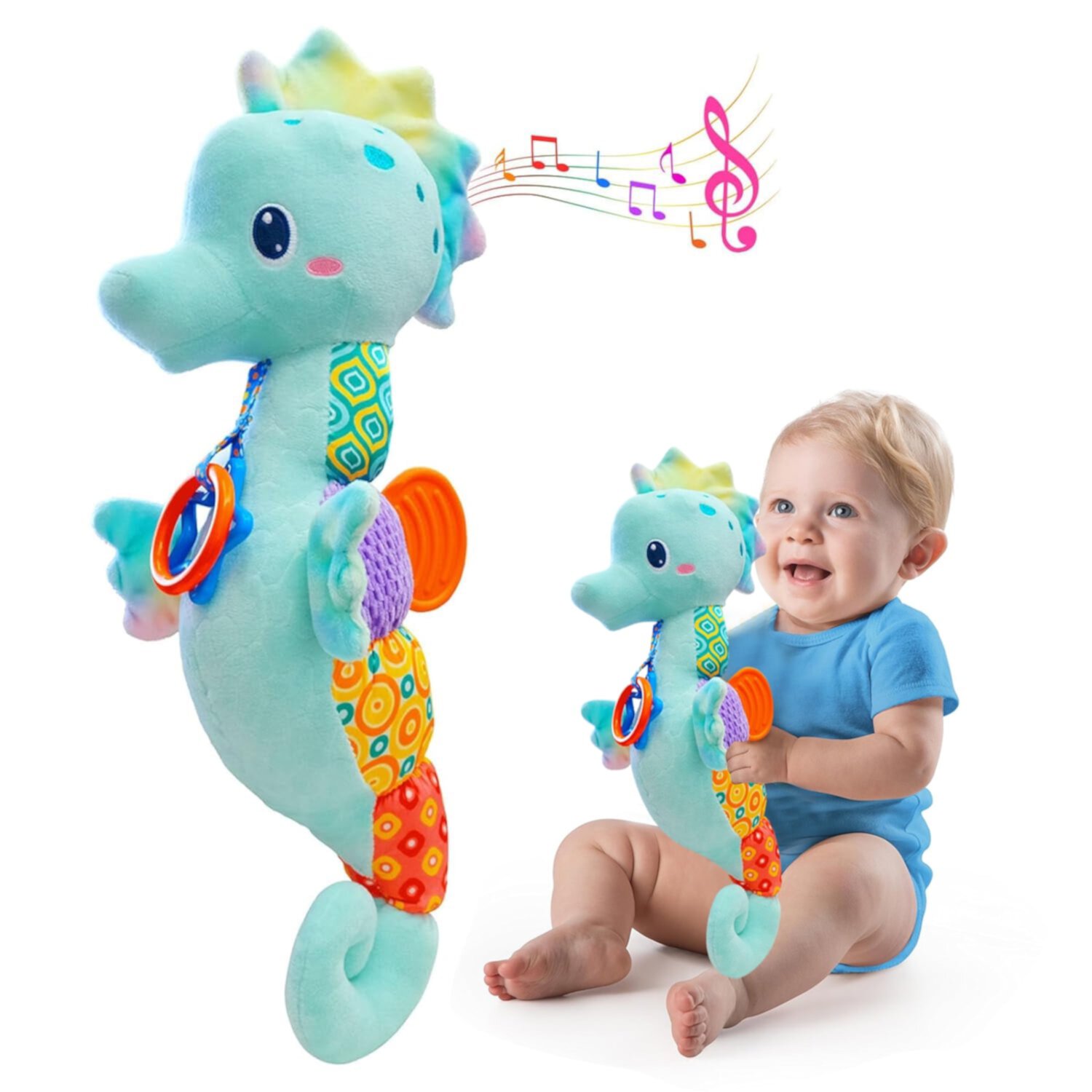 Style-Carry Baby Musical Stuffed Animal Toys 0-6 Months, Baby Newborn Toys for 0 2 4 6 Months Boys Girls, Plush Infant Sensory Toys Gift(Seahorse) Style-Carry