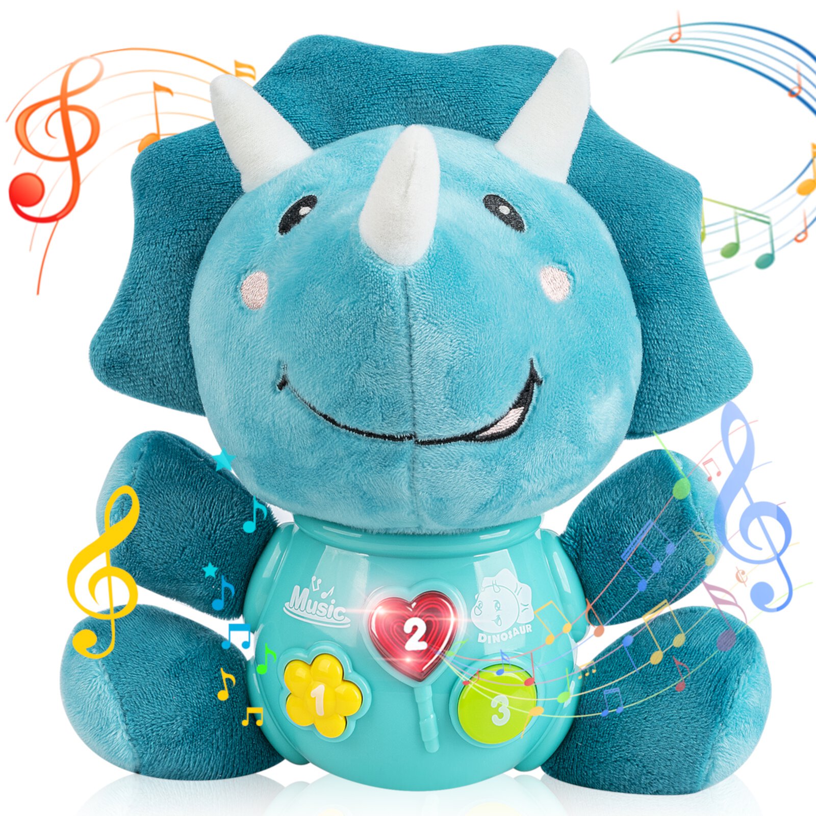 Vanmor Baby Dinosaur Musical Toys, Newborn Boys Soft Triceratops Plush Stuffed Animal, Infant Light Up Music Time, 1st Easter Basket Stuffer Birthday Gift 0 1 2 3 6 9 12 18 Month Age 1-3 Toddlers Girl Vanmor