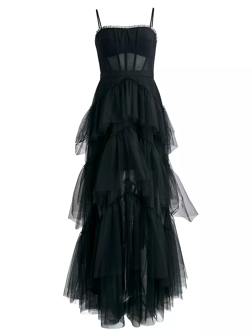 Женское Повседневное платье BCBGMAXAZRIA Sheer Tiered Ruffle Gown BCBGMAXAZRIA