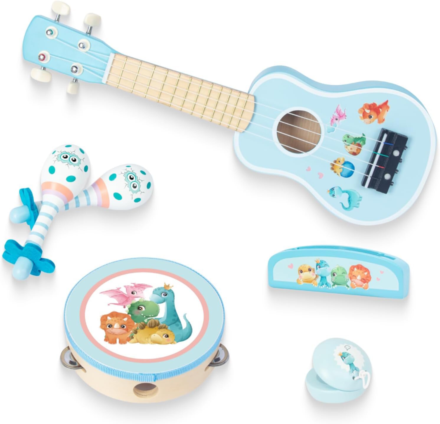 WoodenEdu Kids Guitar for Girls, Wooden Musical Instruments Toys with Ukulele, Tambourine, Maracas, Harmonica, Mini Band Sets for Toddlers 2 3 Years Old Birthday Gift WoodenEdu