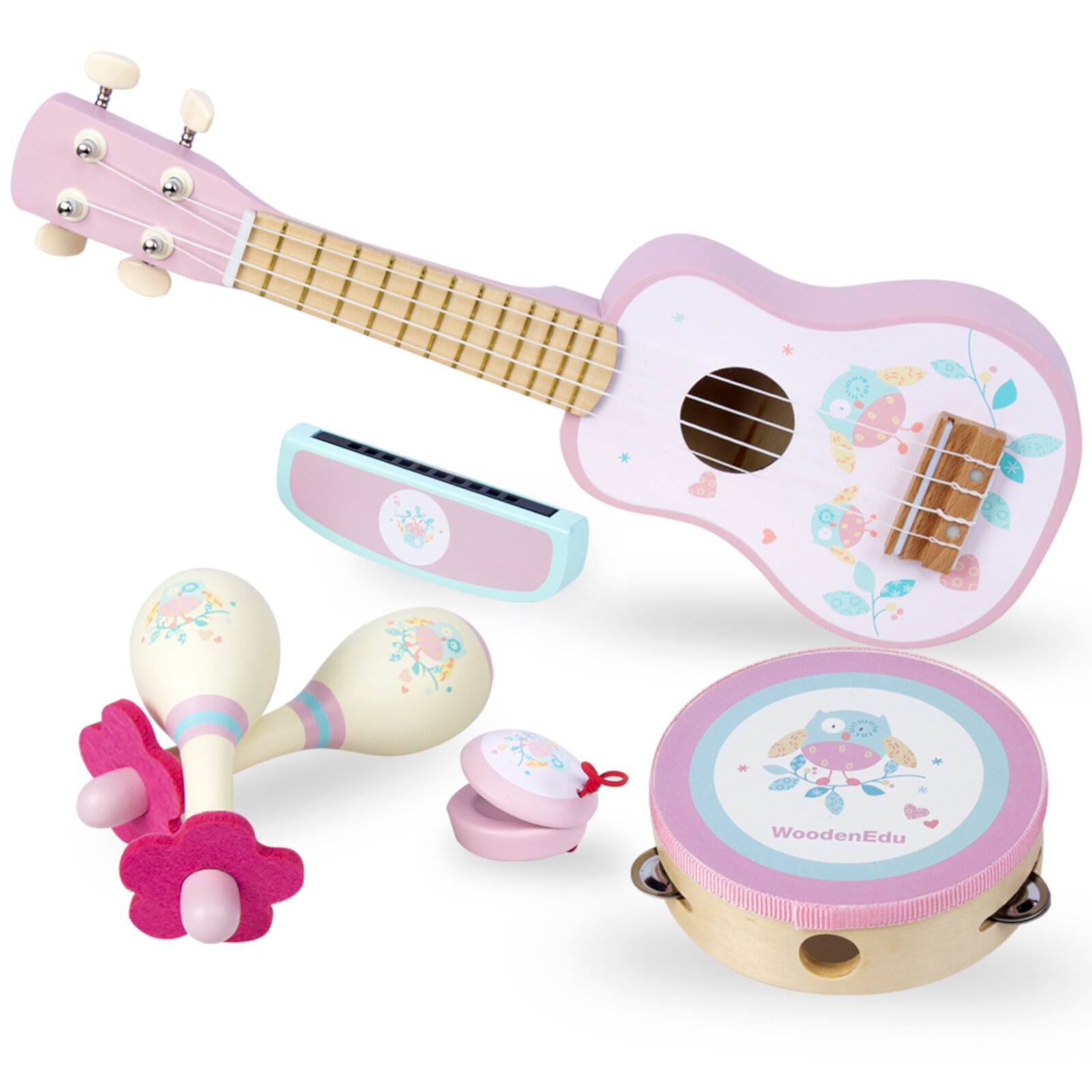 WoodenEdu Kids Guitar for Girls, Wooden Musical Instruments Toys with Ukulele, Tambourine, Maracas, Harmonica, Mini Band Sets for Toddlers 2 3 Years Old Birthday Gift WoodenEdu