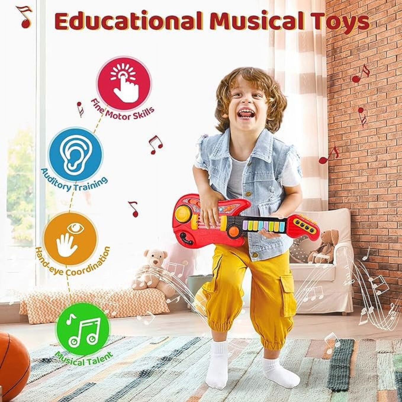 Zmoon Kids Guitar 2 in 1 Musical Instruments for Kids Piano Toddler Toy Guitar with Strap Electric Guitar for Kids Music Toys for 3 4 5 Year Old Boys Girls Gifts (Pink) Zmoon