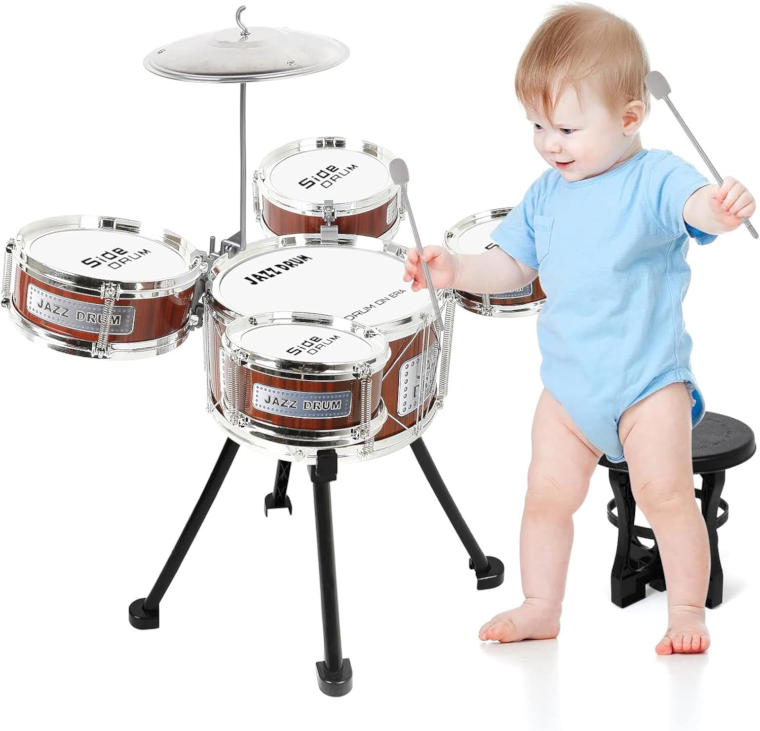 Toddler Drum Set Musical Toy Upgrade Drum Set for Kids Rock Jazz Drum Kit with Stool, 2 Drum Sticks and 5 Small Drums Toys for 3 4 5 Year Old Boys Girls Gifts Ages 3-5(with LED Light) Zmoon