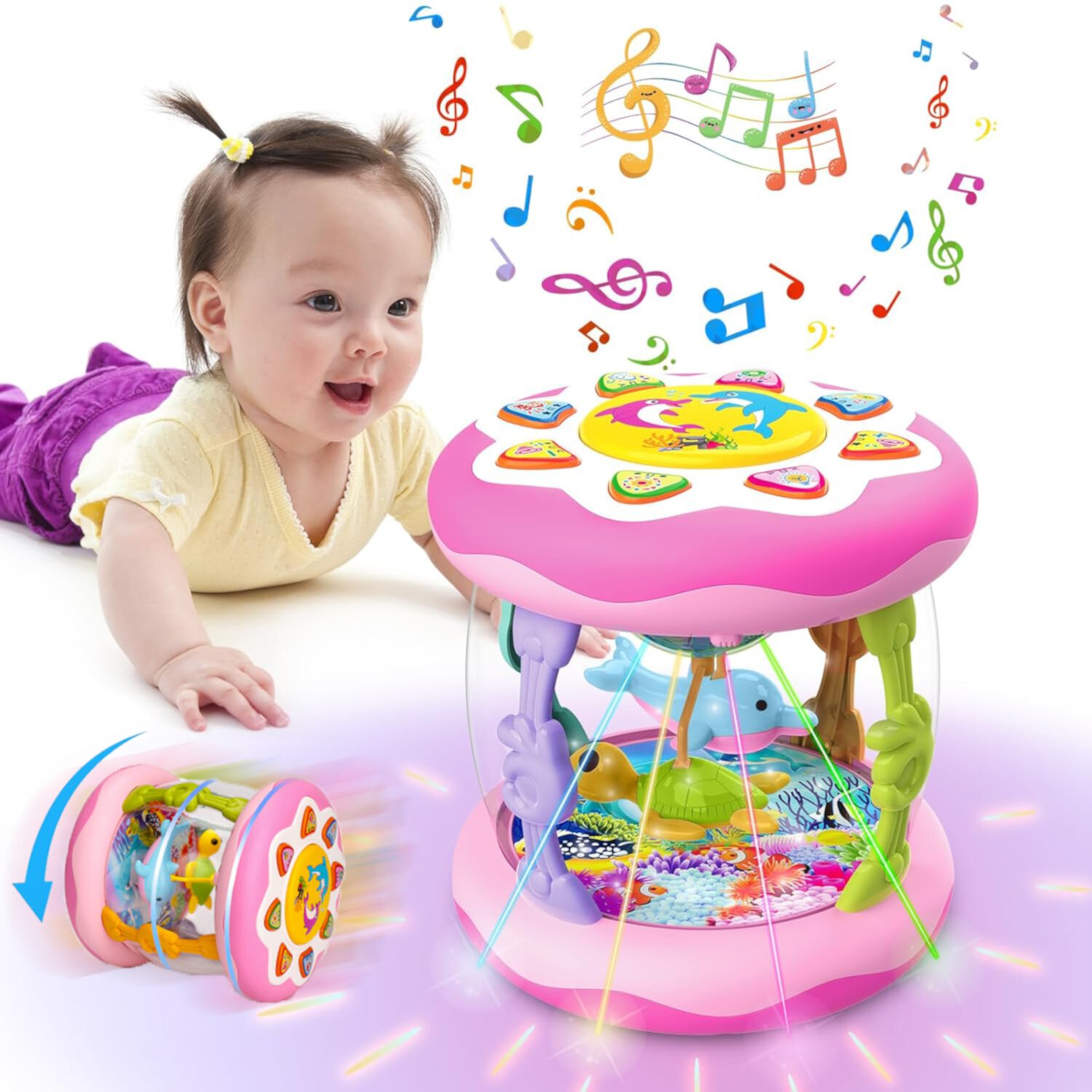 Toys for 1 Year Old, Ocean Rotating Light Up Musical Toy for Toddlers 1-3, Learning Toys for 1 2 3 Year Old Girls Boys (Pink) Visit the Suorfoxs Store