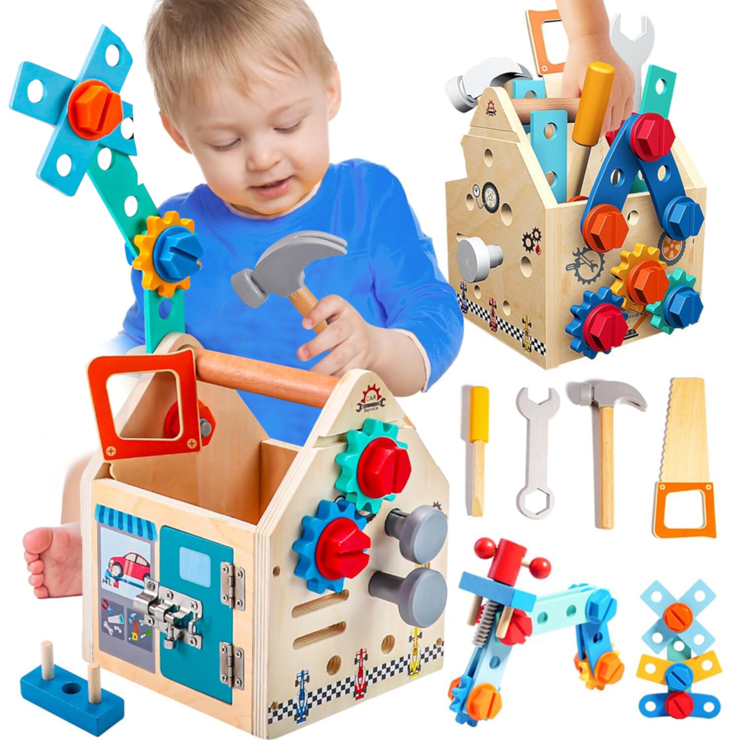 Tool Set Toys for Kids 3-6 Year Old, 33Pcs Montessori Toys for 3 Year Old, STEM Tool with Box / House, Wooden Learning Toys for 3 4 5 6 Year Old Boys Girls Style-Carry