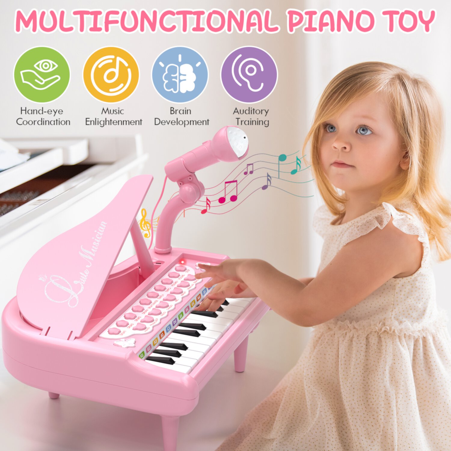 Piano Keyboard Toy for Girls - Toys for 1 2 3 Years Old Girls, 24 Keys Toddler Piano Music Toy Instruments with Microphone, Birthday Gift Toys for Girls Boys Aged 1 2 3 OROLIVING