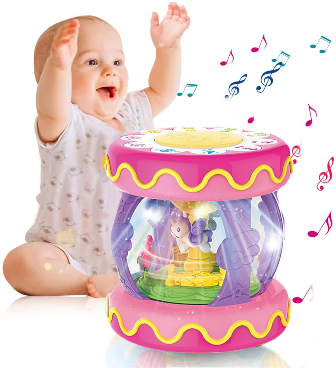 Toys for 1 Year Old Girls, Baby Toys 6-12 Months, Rotating Light up Musical Drum Toys Gift for Toddler 1 Year Old INvench