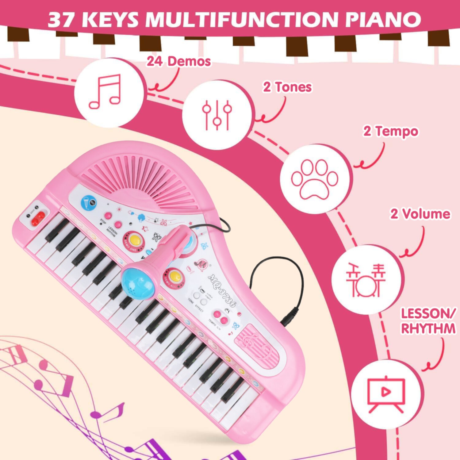 Lictin Baby Piano Toys for Kids, Toddlers Piano Keyboard Instrument with Microphone, 37 Keys Piano Toys Educational Musical Gift for 2 3 4 5 6 Year Old Girls, Pink Lictin