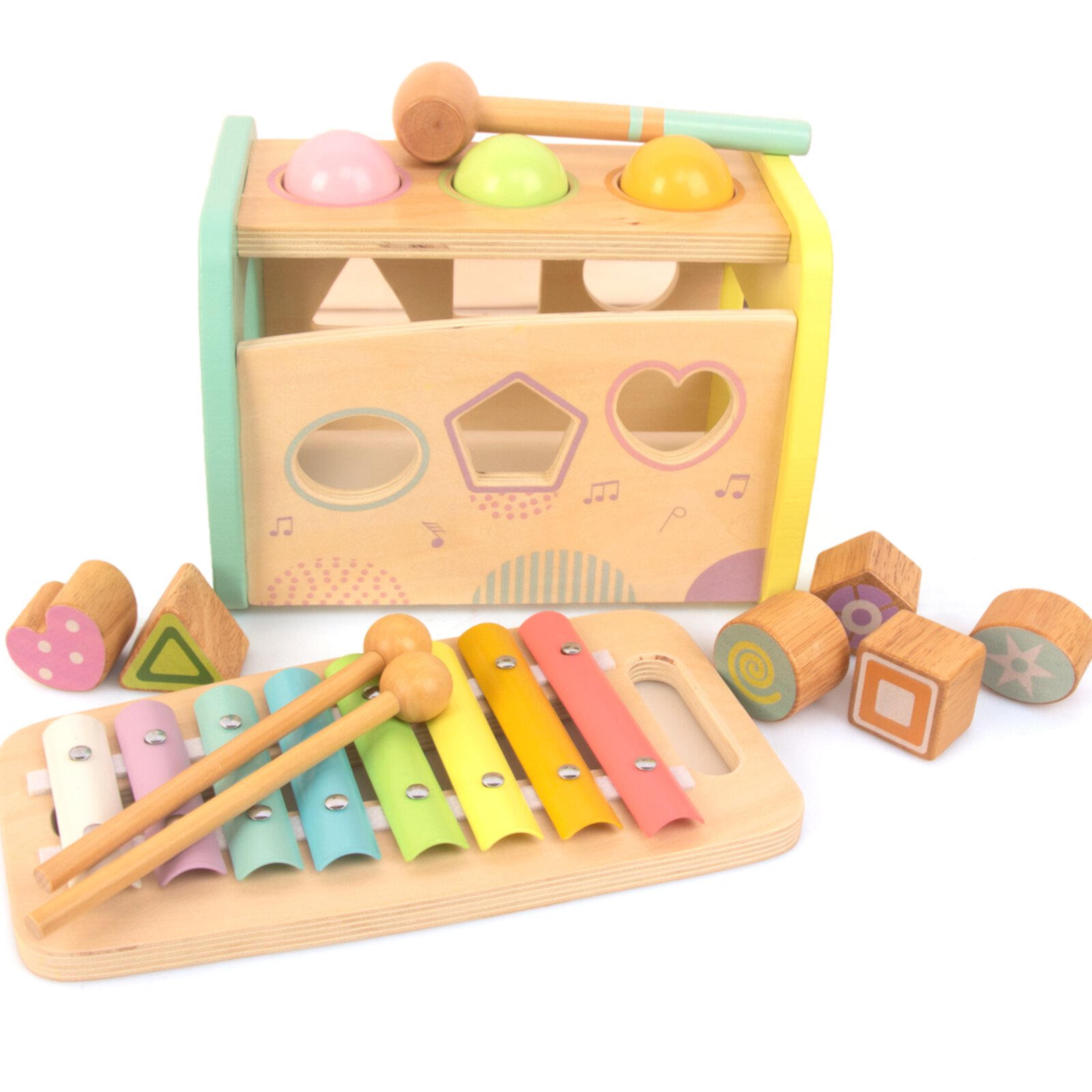 WOODENFUN Hammering Pounding Toys Wooden Educational Toy Xylophone Shape Sorter for Toddlers WOODENFUN