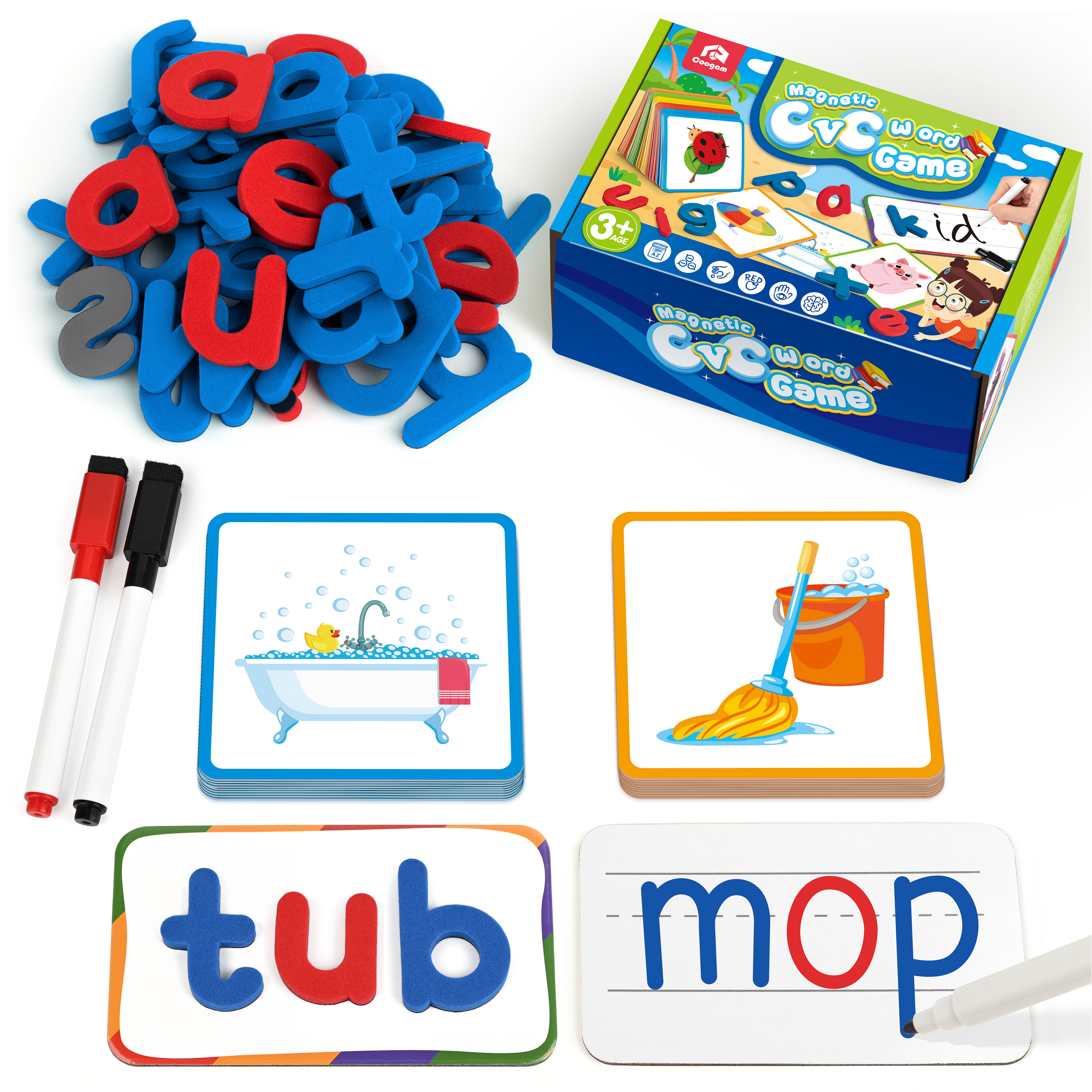 Coogam Short Vowels Spelling Flashcards with Magnetic ABC Letters, Learn to Write CVC Sight Words Vocabulary Flashcards Montessori Educational Toy for Kids 3 4 5 Yeard Old Coogam