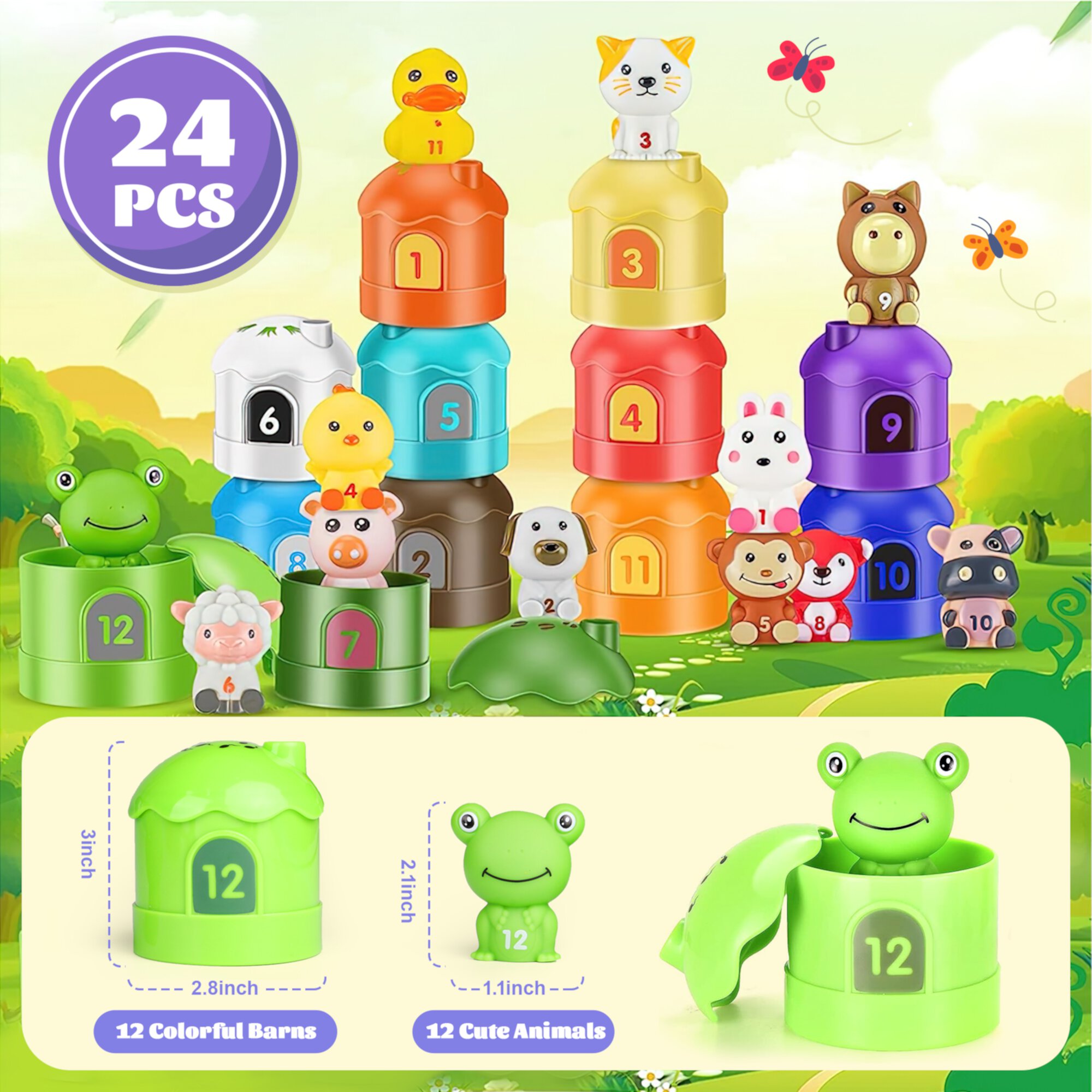 Hot Bee Montessori Toys for Toddlers, 24 PCS Farm Animals Figures Educational Learning Toys for 12-36 Months, Interactive&Fun for Kids 1-3, Baby Christmas Gift Toys for 6 Months up Hot Bee