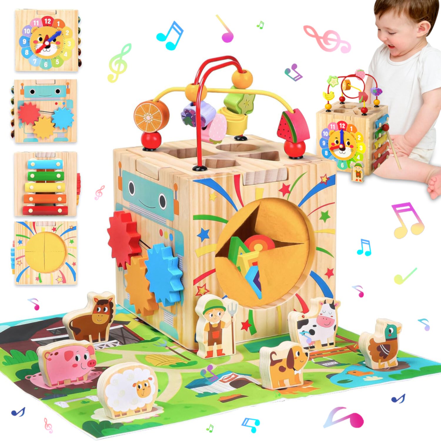 Baby Toys for 12 24 Months, Wooden Activity Cube, 7-in-1 Montessori Toys for 1+ Year Old, Educational Learning Toys for Toddlers Age 1-2 Birthday Gifts Sytle-Carry