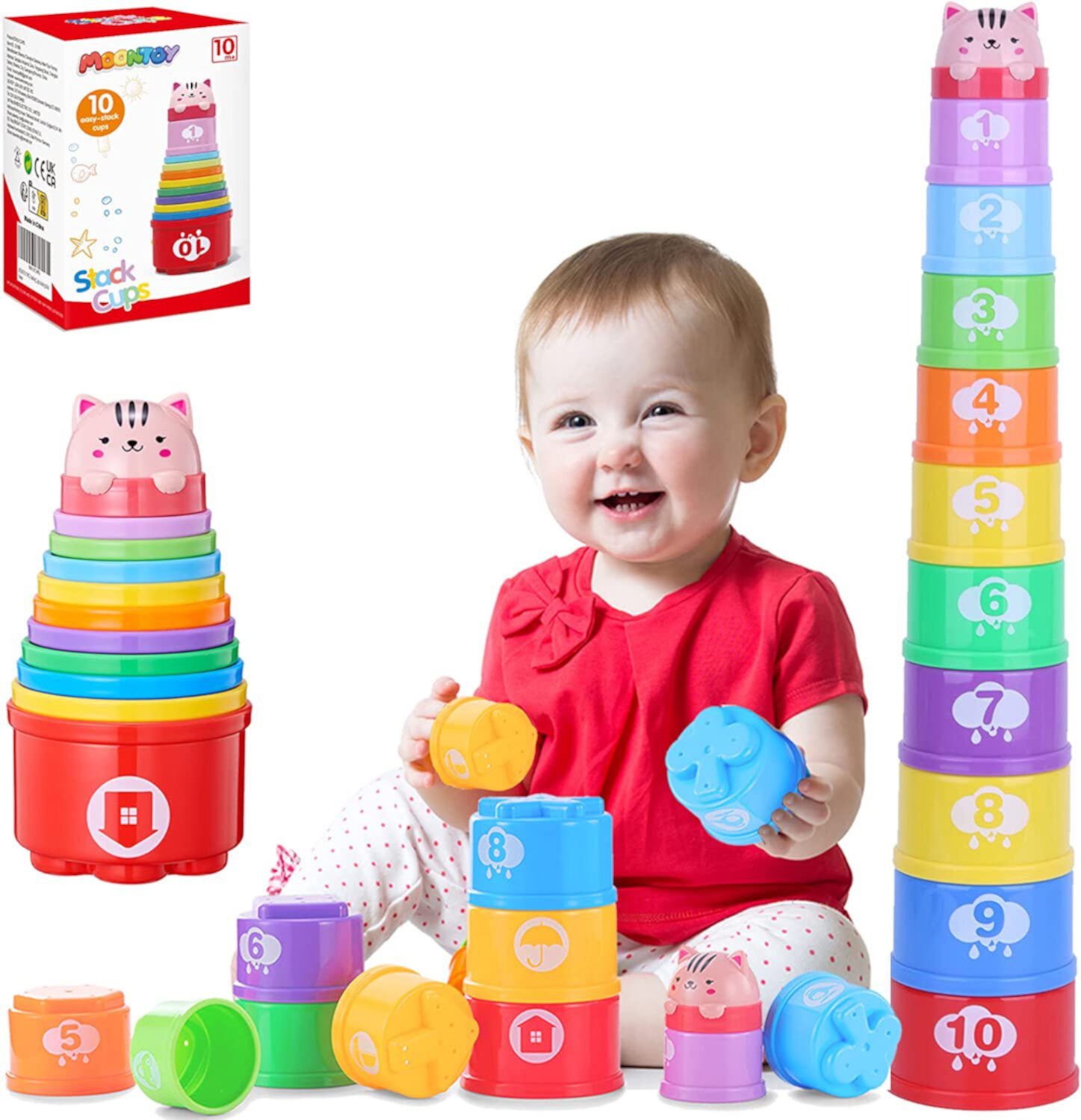 MOONTOY Baby Stacking Nesting Cups Toys, Bath Toys for babies 6-12 months, Beach Toys Summer Outdoor Toys for Toddlers 1-3, Montessori Toys for Toddlers 6+ Months Visit the MOONTOY Store