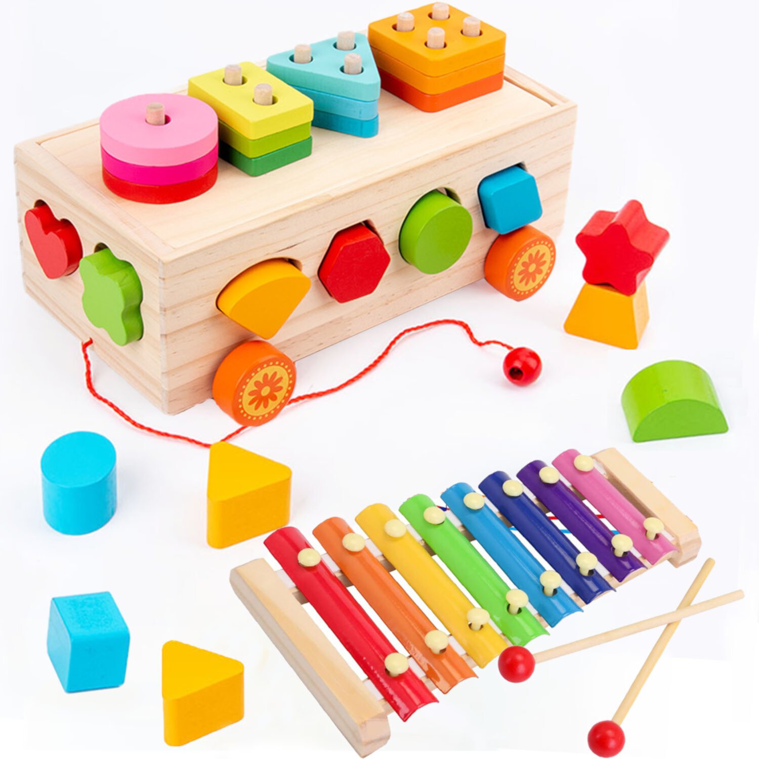 Sytle-Carry Shape Sorter Xylophone for Toddlers 1-3 Learning Toys for 2 Year Old Wooden Stacking Toys Baby Xylophone Set, Baby Shape Sorter Toy Sorting Toys Montessori Toys Sensory Toys Birthday Gifts Sytle-Carry