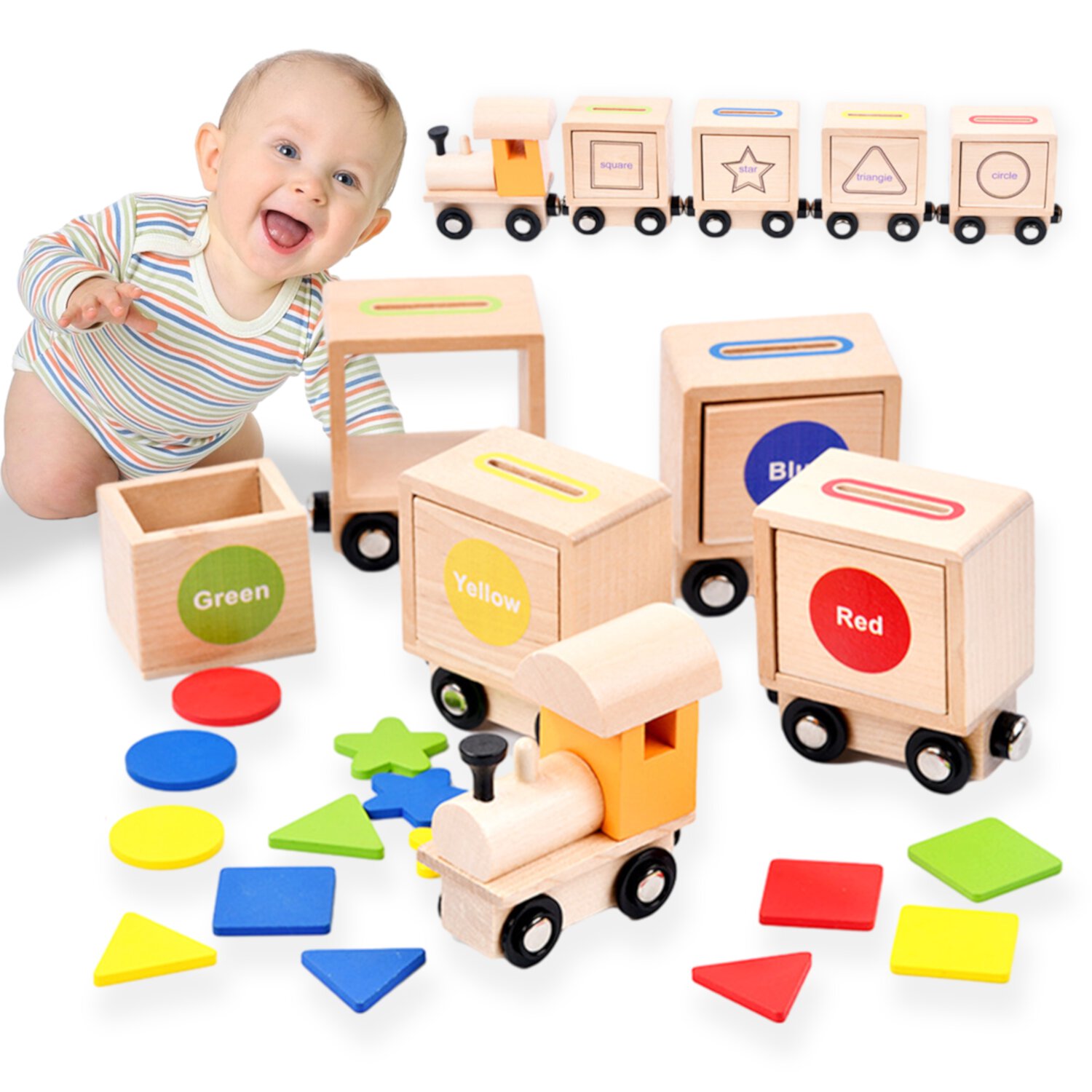 Montessori Learning Toys, Baby Shape Sorter Toy, Wooden Train Set, Educational Toy for Toddler 3 4 5 6 Boys Girls Sytle-Carry