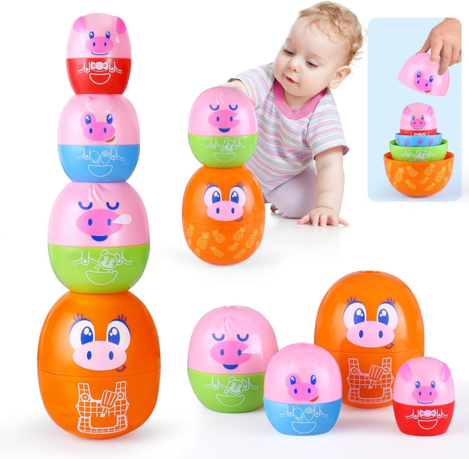 Wanonoo Toddler Pig Nesting Stacking Eggs Toys, Baby Toys for Toddlers 6+ Months, 8PCS Color Matching Game, Learning Montessori Toys Age 1-2, Gifts for 1 Year Olds Wanonoo