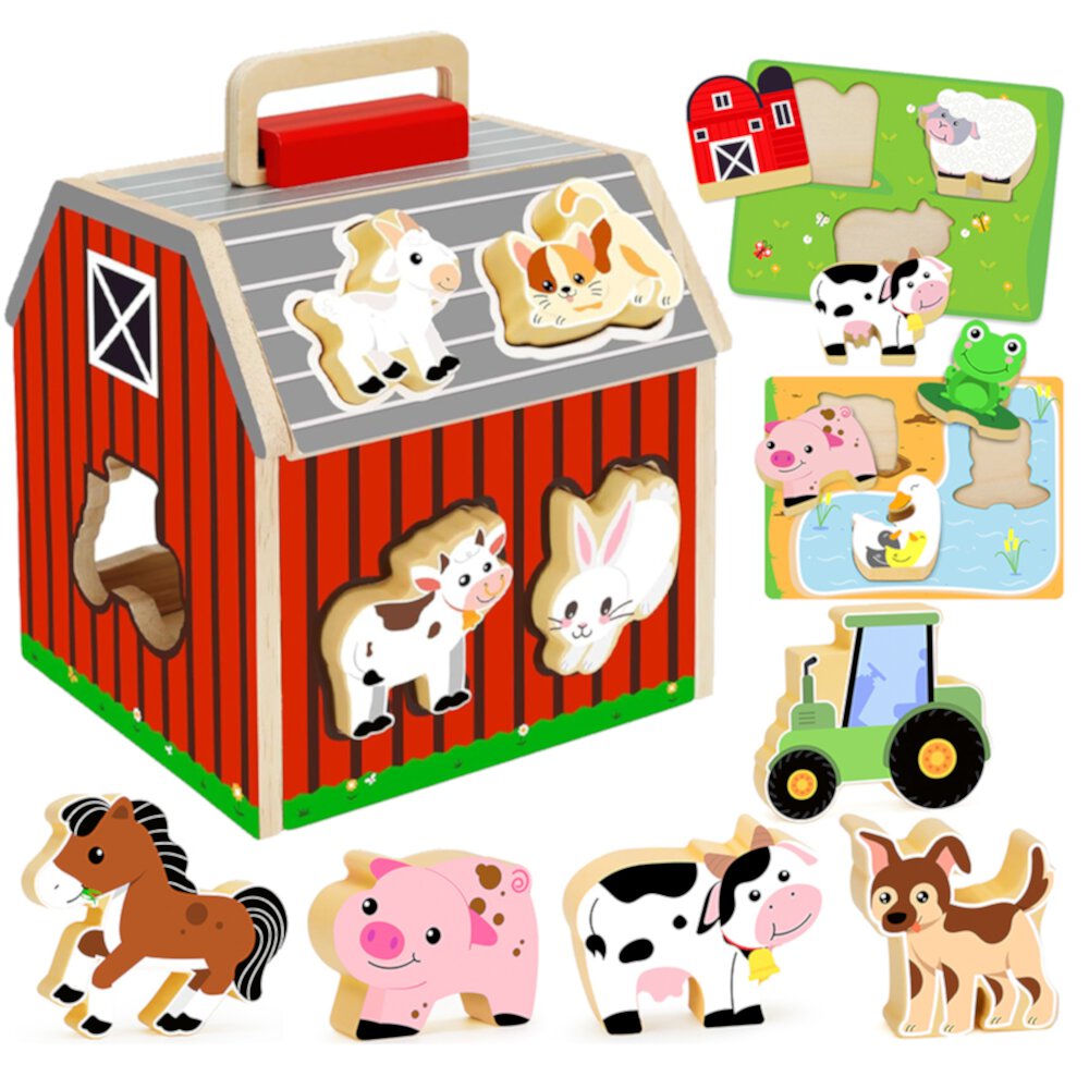 Montessori Toys for 1 Year Old, Wooden Farm Animals Toy for Toddlers 1-3, Learning Educational Toys for 1 2 3 Year Old Boys Girls Style-Carry