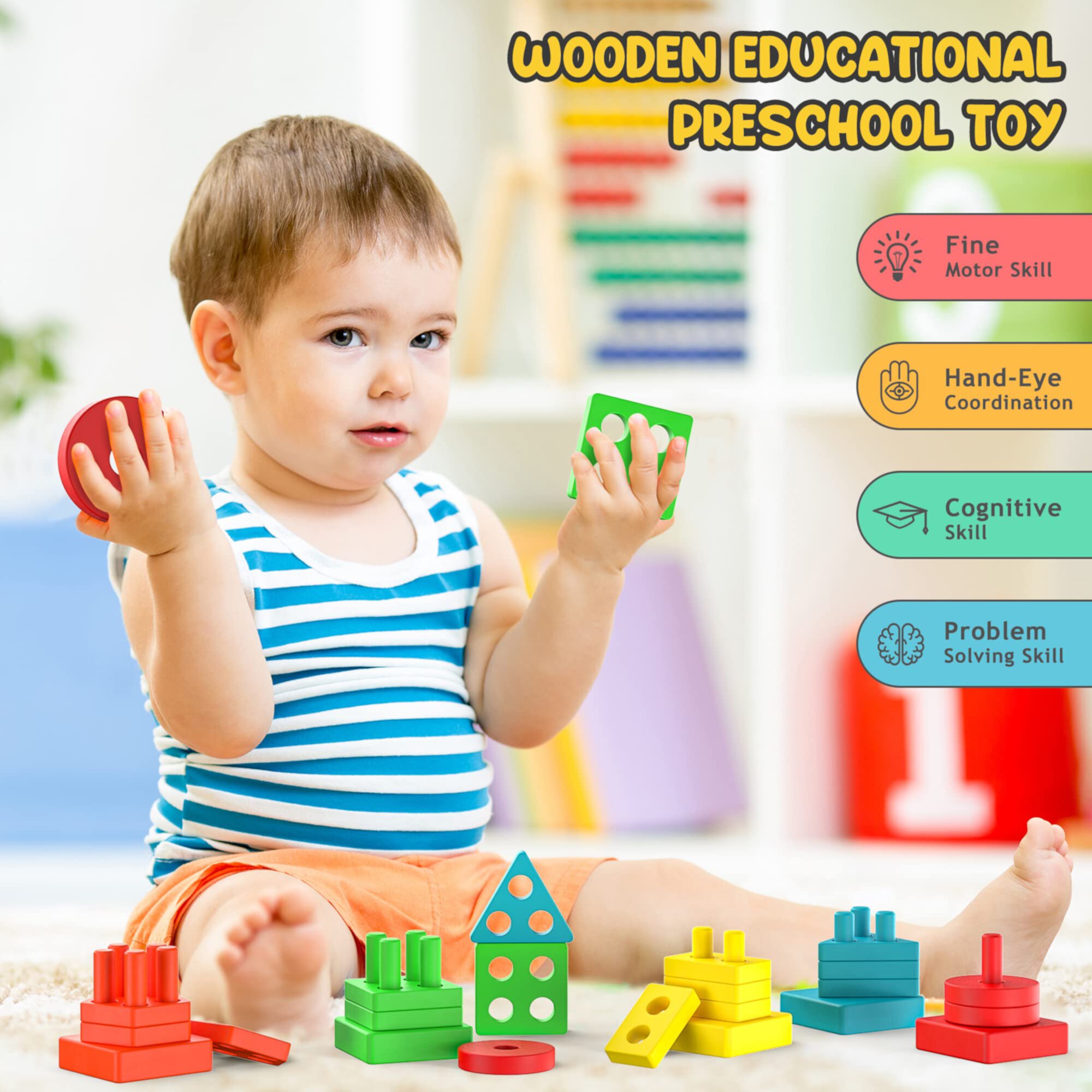 UUGEE Stacking Learning Toys for 1 2 3 Year Old Boys Girls, Baby Montessori Wooden Sorting Educational Gifts for 6 9 12 18 24 Months Toddlers Infant UUGEE