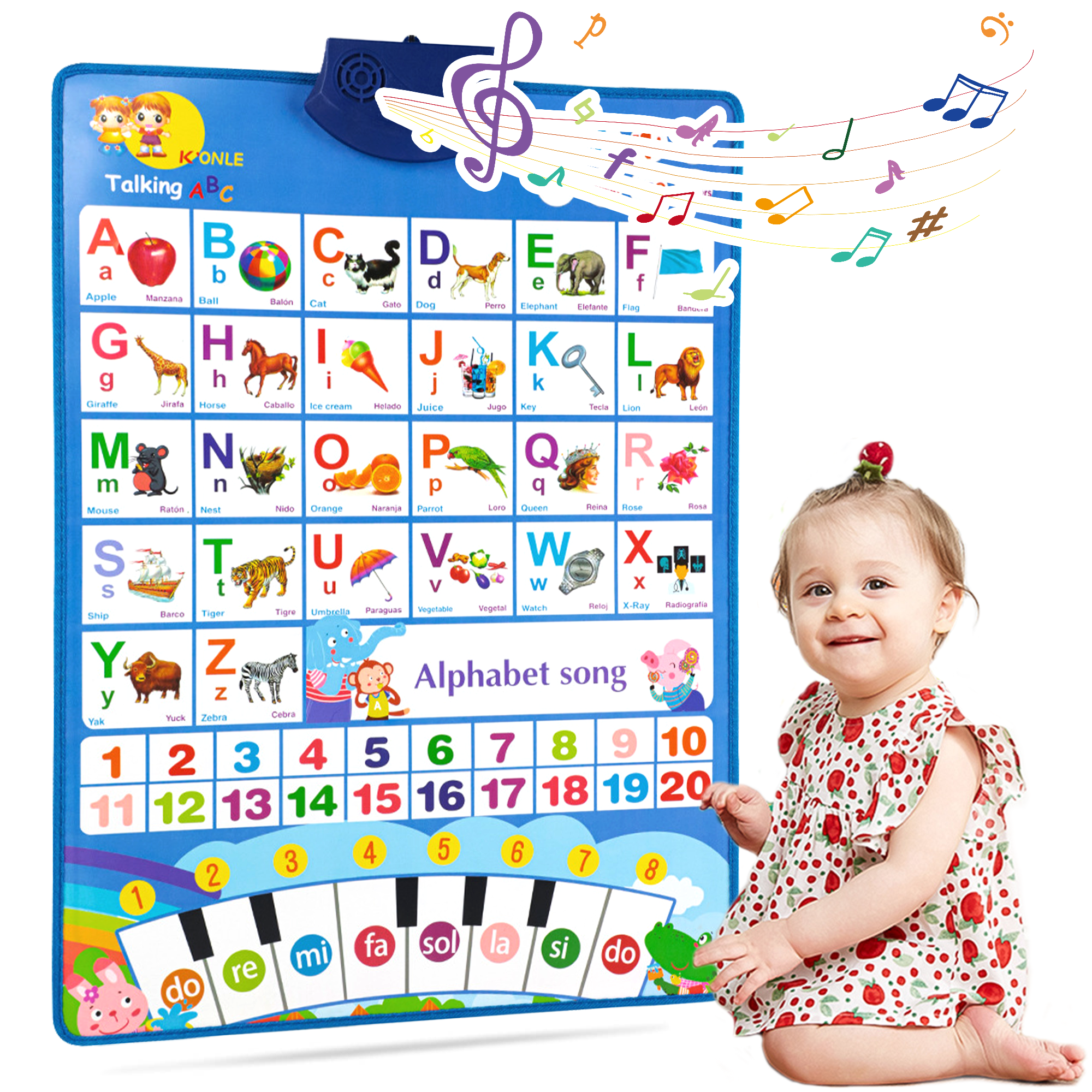 Adofi Upgraded Electronic Bilingual Alphabet Wall Chart, Talking ABC, 123, Piano Keyboard Kid Learning Interactive Poster, Best Preschool Learning Educational Toy for Toddler Aged 1-5 Adofi