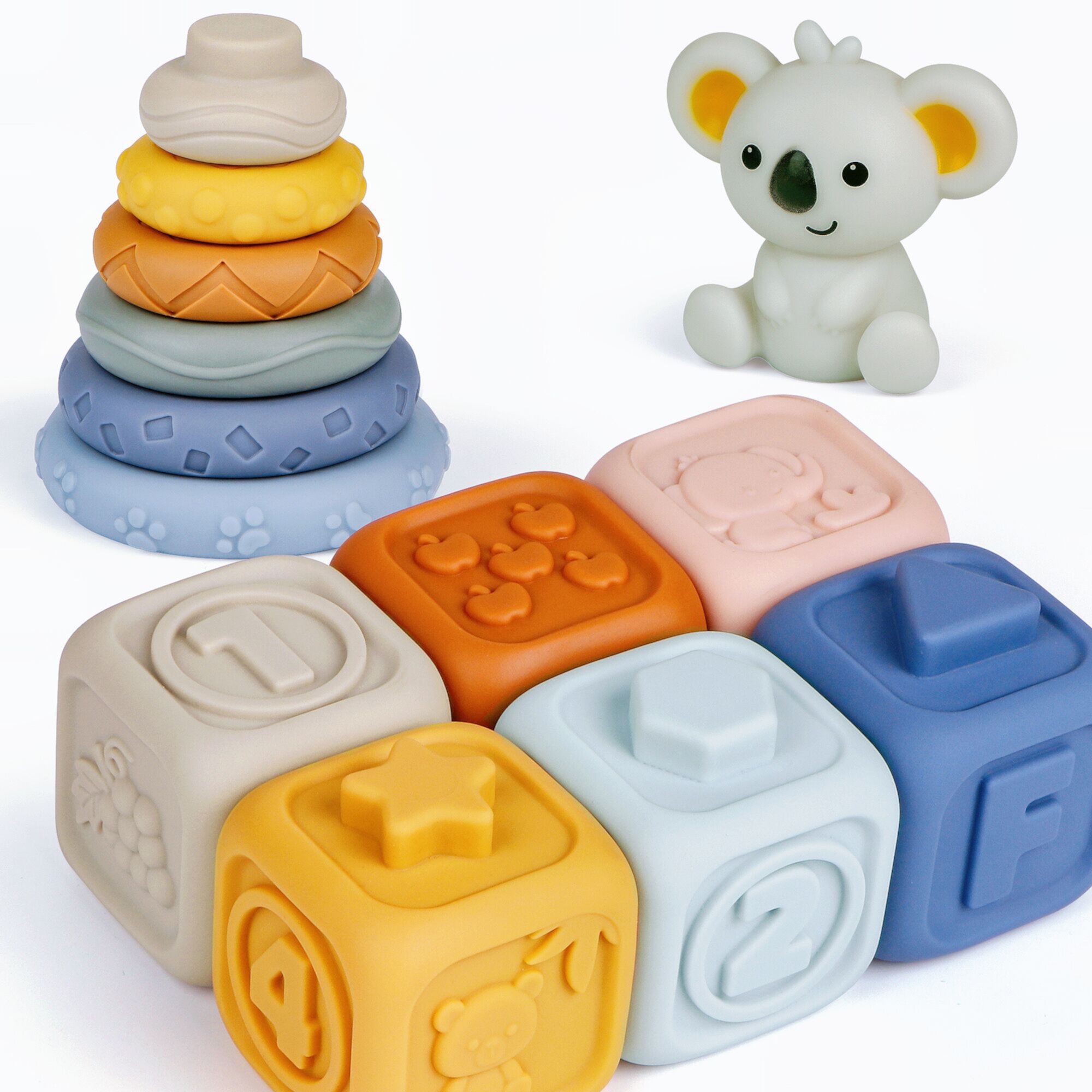 Freecat Montessori Toys for Babies, Soft Stacking Building Blocks Rings Sets, 3 in 1 Koala Sensory Baby Toys for Toddlers 1-3, Teething Bath Toys for Infants Learning Toys Gift Freecat