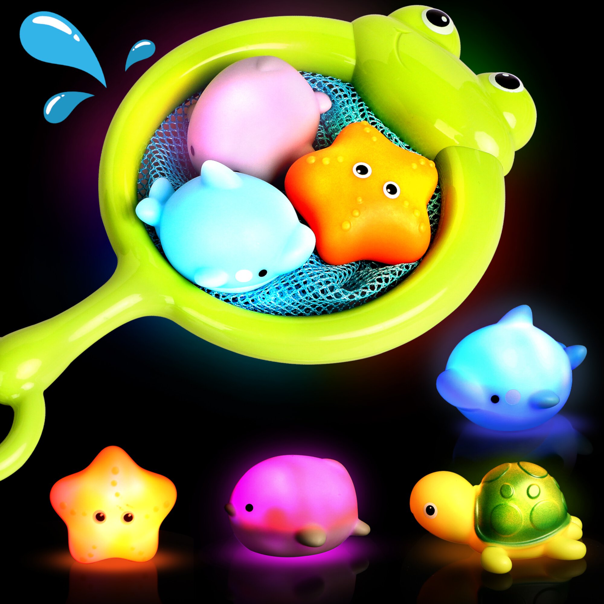 Flooyes Bath Toys,4 Pcs Light Up Floating Rubber Animal Toys Set with Fishing net, Bathtub Tub Toy for Toddlers Baby Kids Infant Girls Boys Flooyes