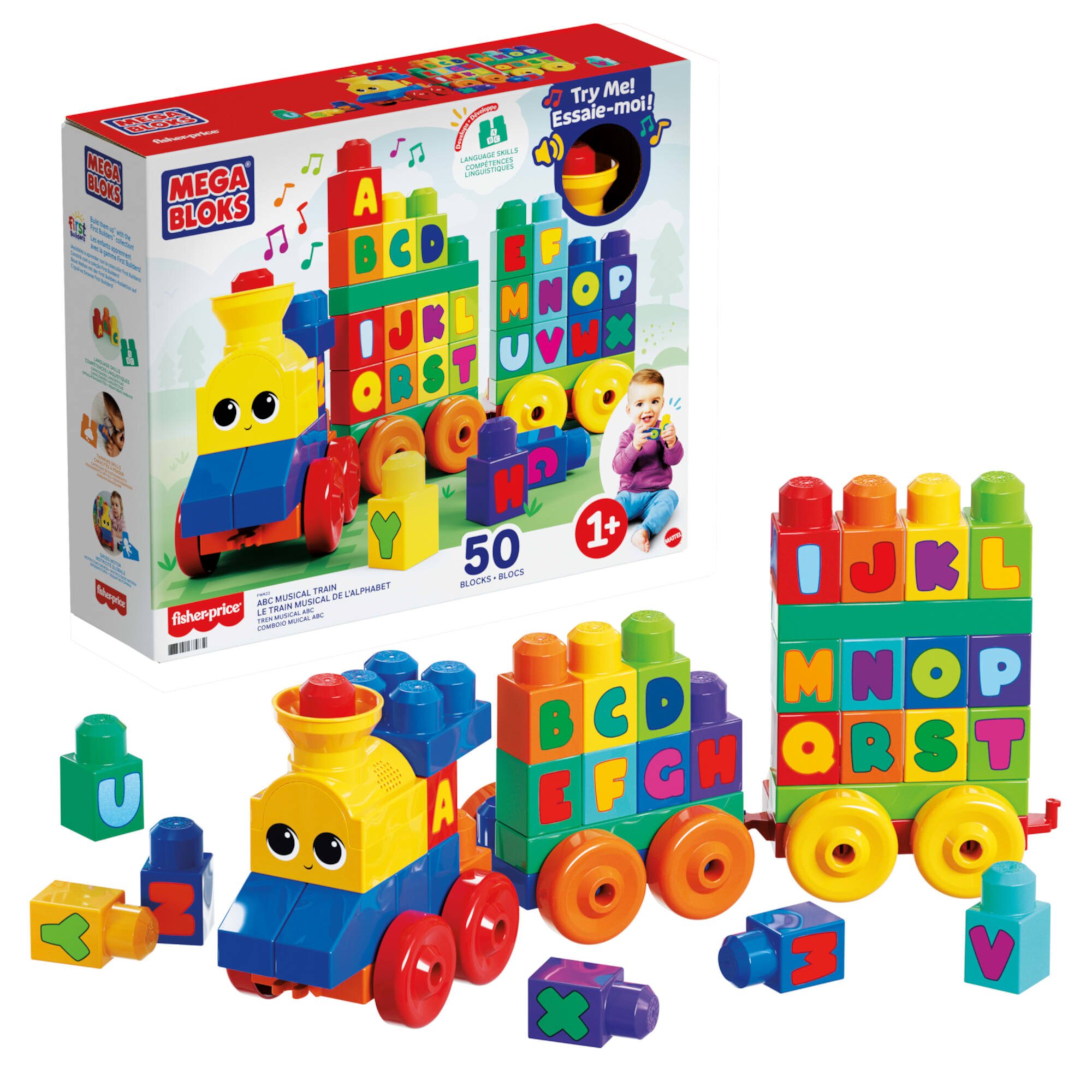 MEGA BLOKS Toy Blocks ABC Musical Train with Sounds and Music (50 Pieces) for Toddler Mega Bloks