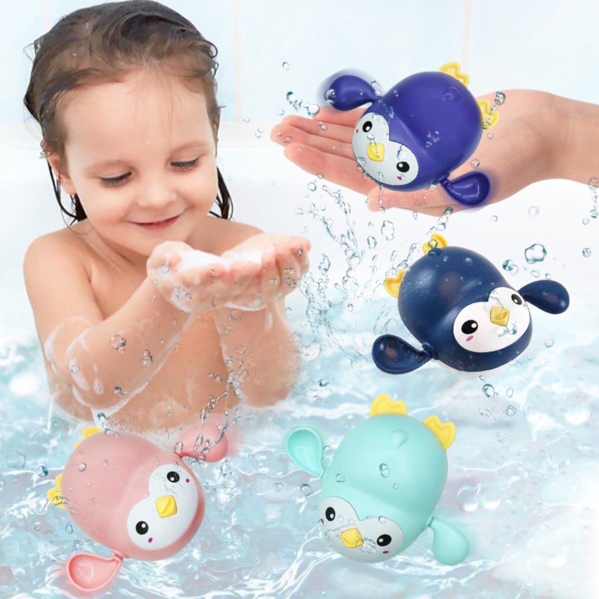 Kids Bath Toys, 4 Pack Wind Up Penguin Bathtub Toys, Toddlers Swimming Floating Playing Set Colourful Water Playset Gifts for Boys and Girls (Pink+Green+Blue+Purple) Qishi