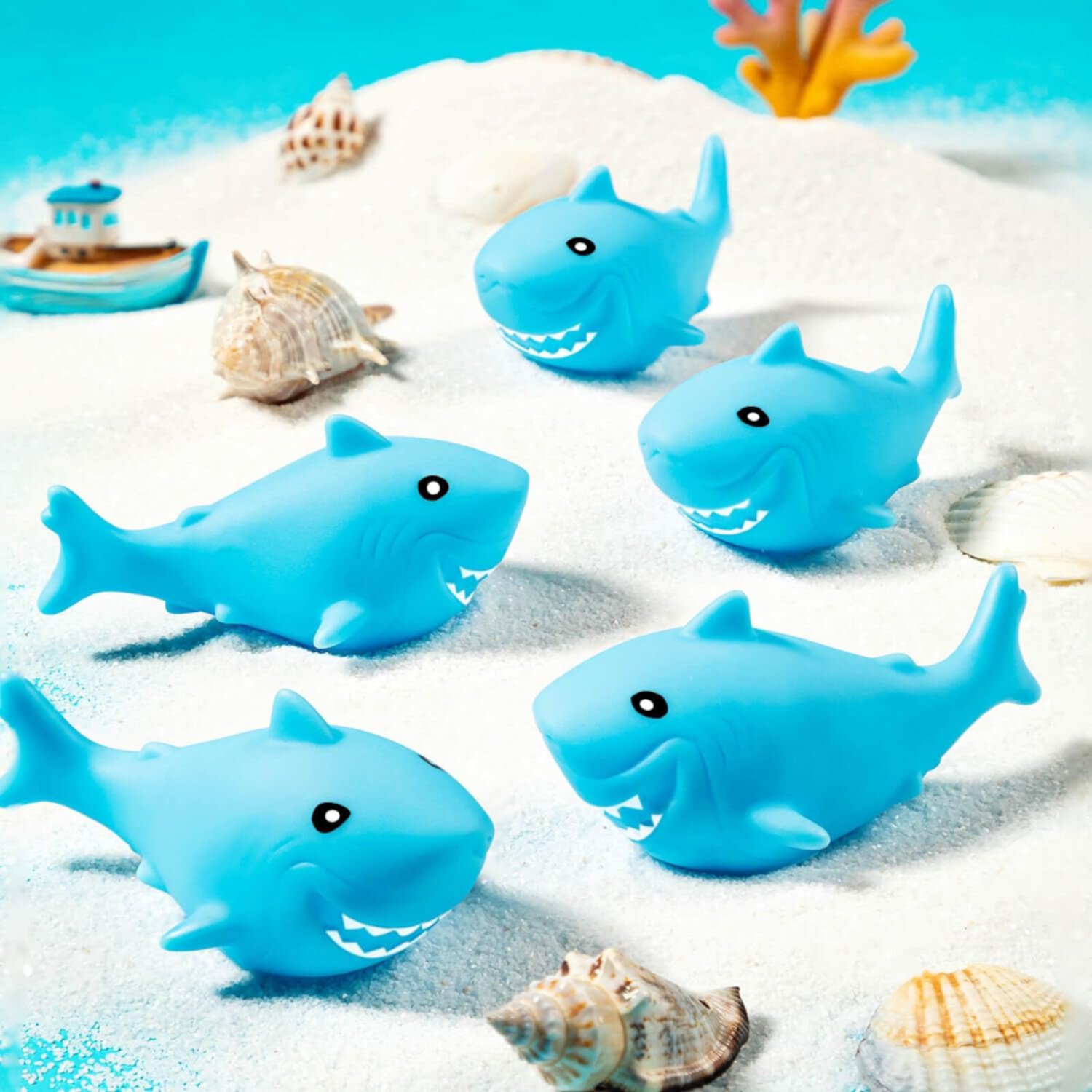 25 Pcs Rubber Sharks for Kids, Blue Shark Bath Toys Cute Floating Squeaky Mini Rubber Sharks for Shower, Classroom Carnival Prizes, Cake Decoration ANTIC DUCK