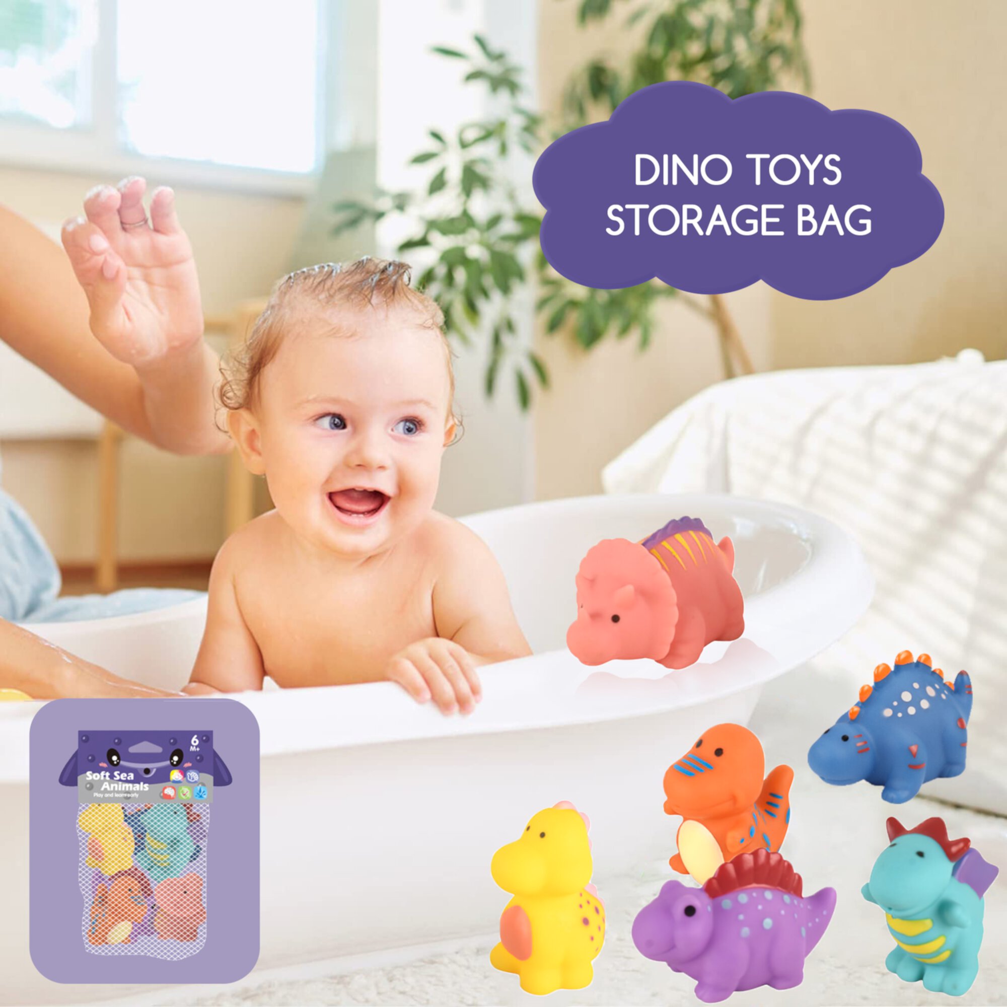 Flooyes Baby Bath Toys for Toddlers Infants, Dinosaur Bathtub Toy Set, 6 Pcs with Storage Bag Flooyes