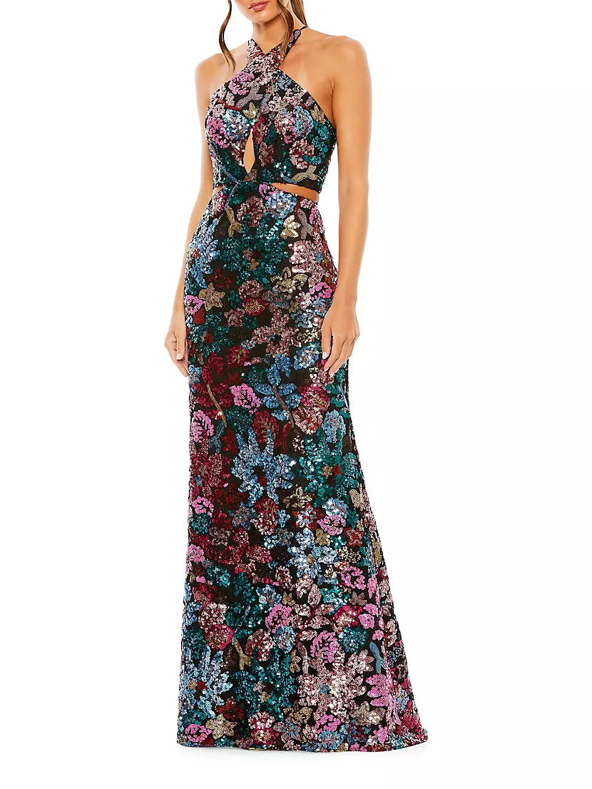 Женский Сарафан MAC DUGGAL Floral Sequined Cut-Out Halter MAC DUGGAL